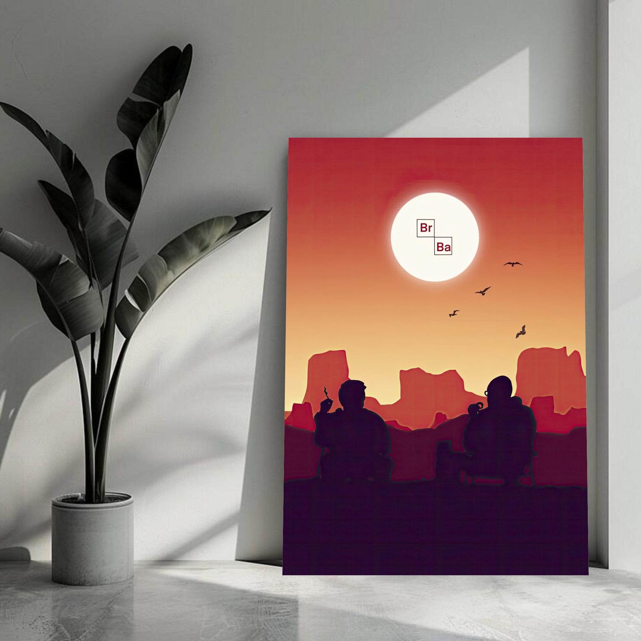 Sunset Breaking Bad metal poster featuring a duo against a vibrant desert sunset with a chemistry symbol.