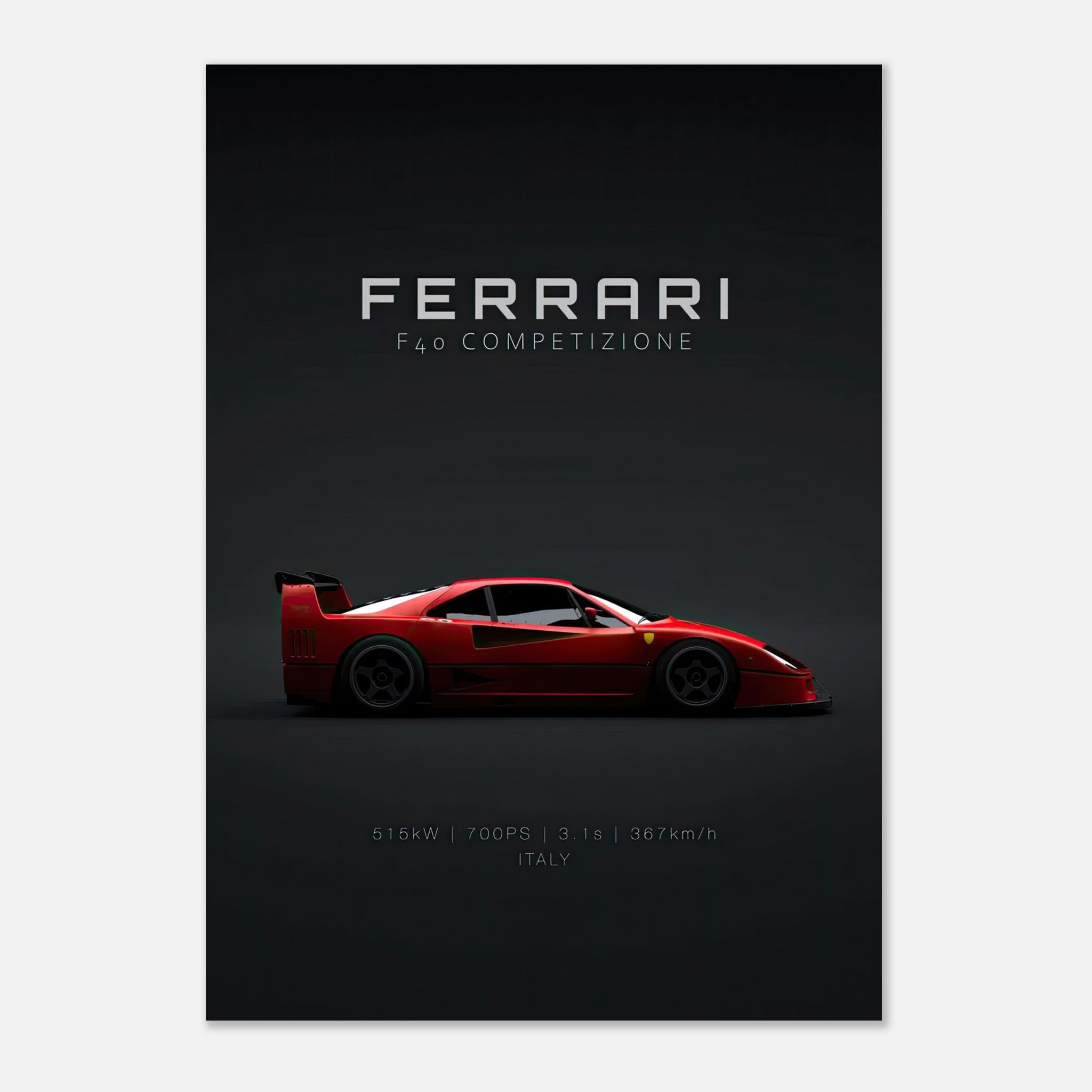 Ferrari F40 Competizione poster featuring a red sports car on a dark background, showcasing its racing heritage.