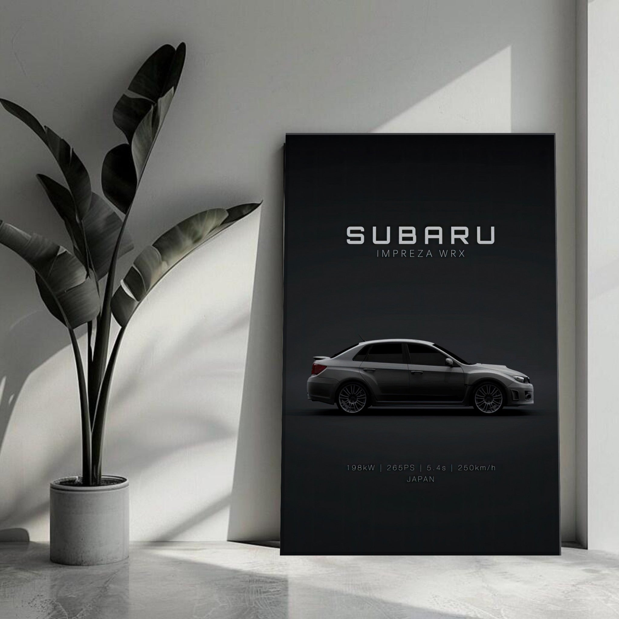 Subaru WRX canvas wall art featuring sleek design and modern black backdrop in a stylish setting.