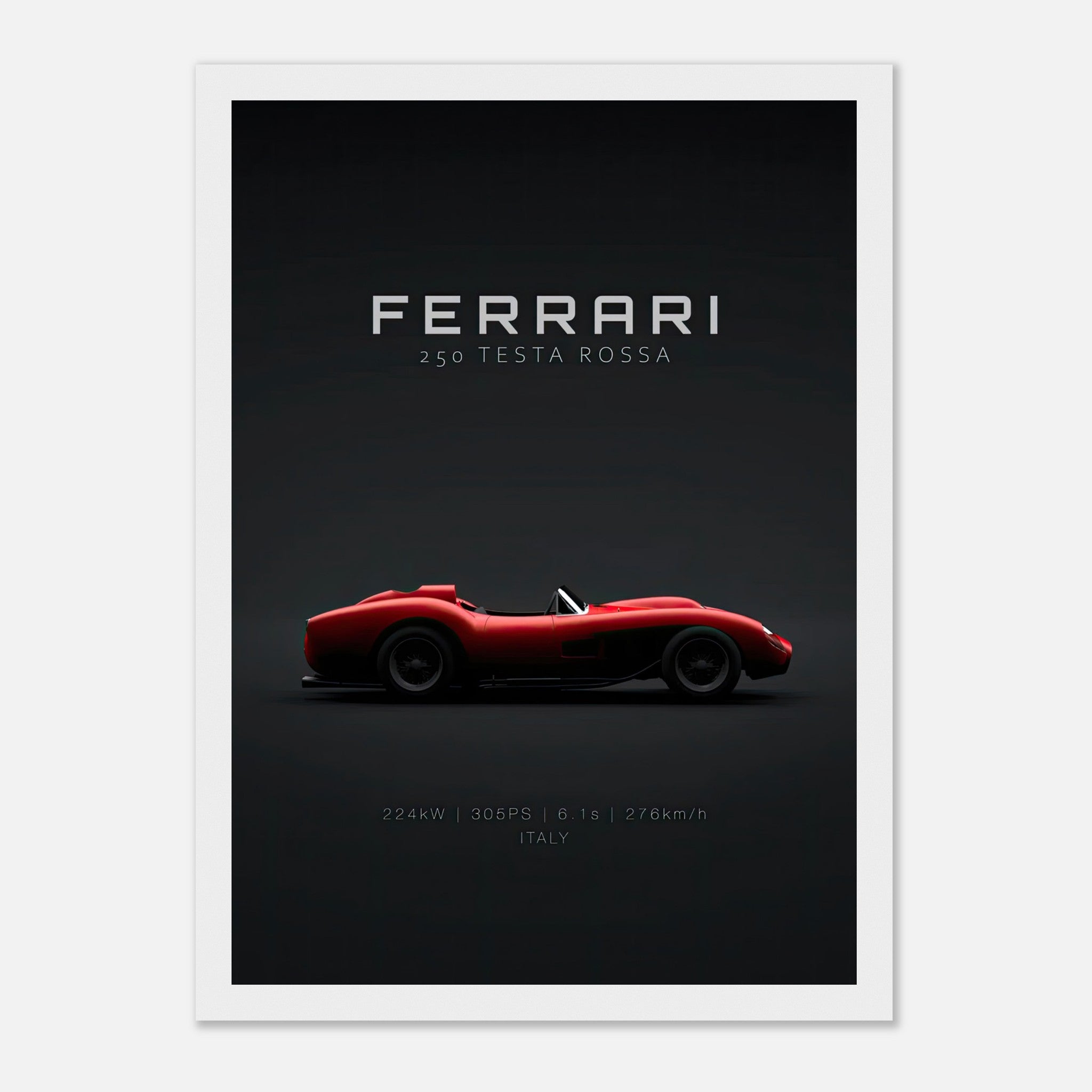 Ferrari 250 Testa Rossa framed poster showcasing sleek side profile against a minimalist black background.