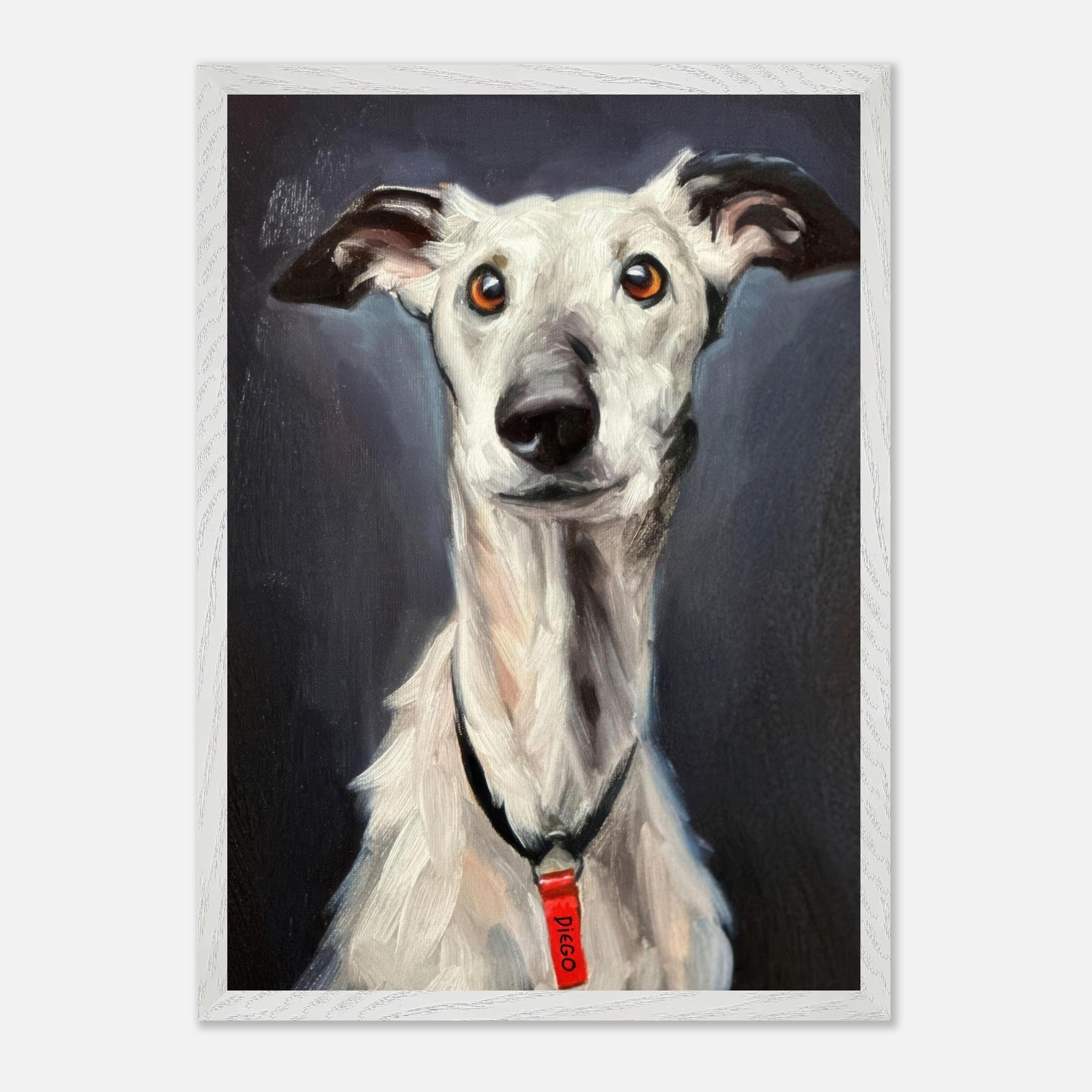 Greyhound dog painting with soulful expression in museum-quality fine art print.