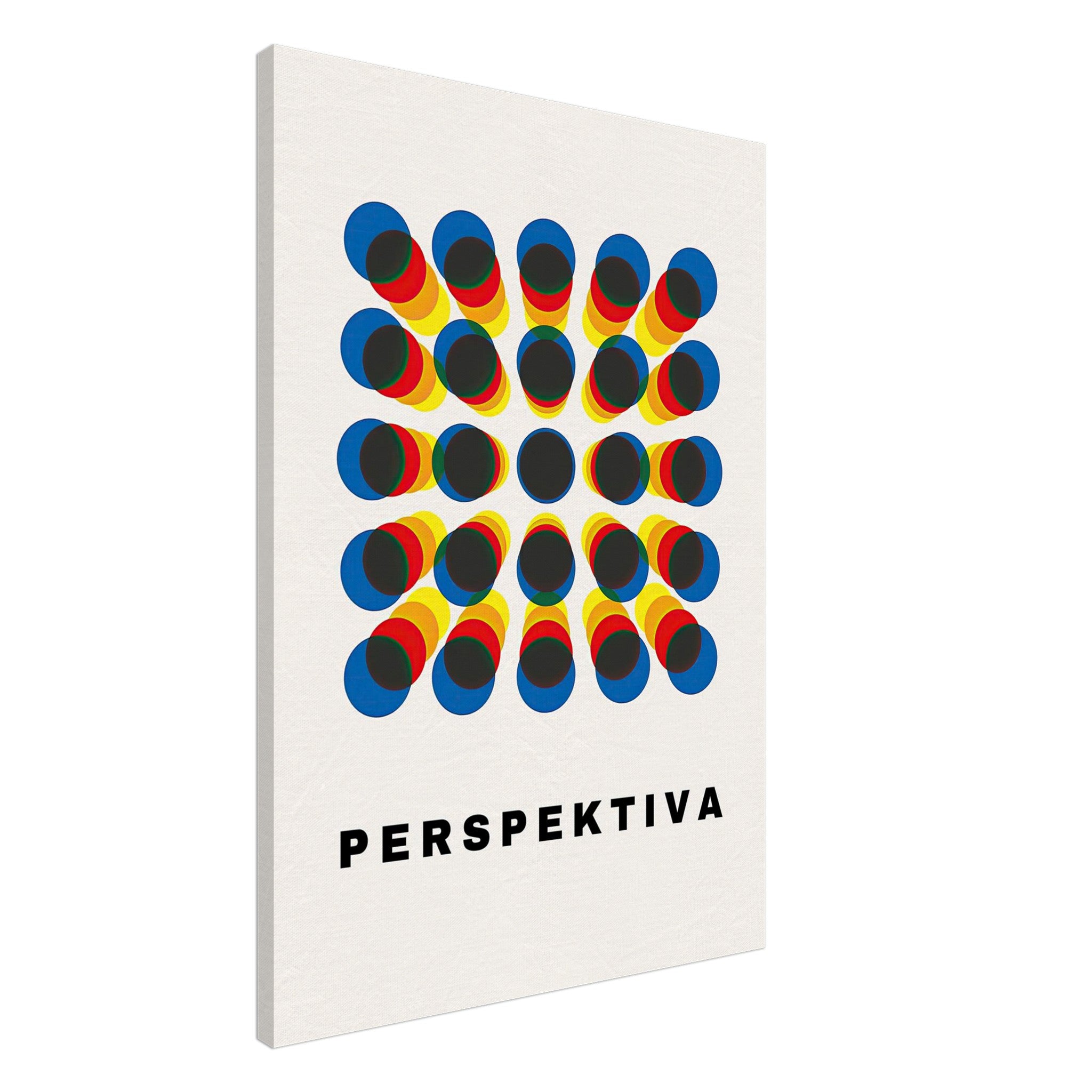 Perspective Abstract Art canvas print with geometric design and vibrant colors blue, red, yellow, showcasing the word 'PERSPEKTIVA'.