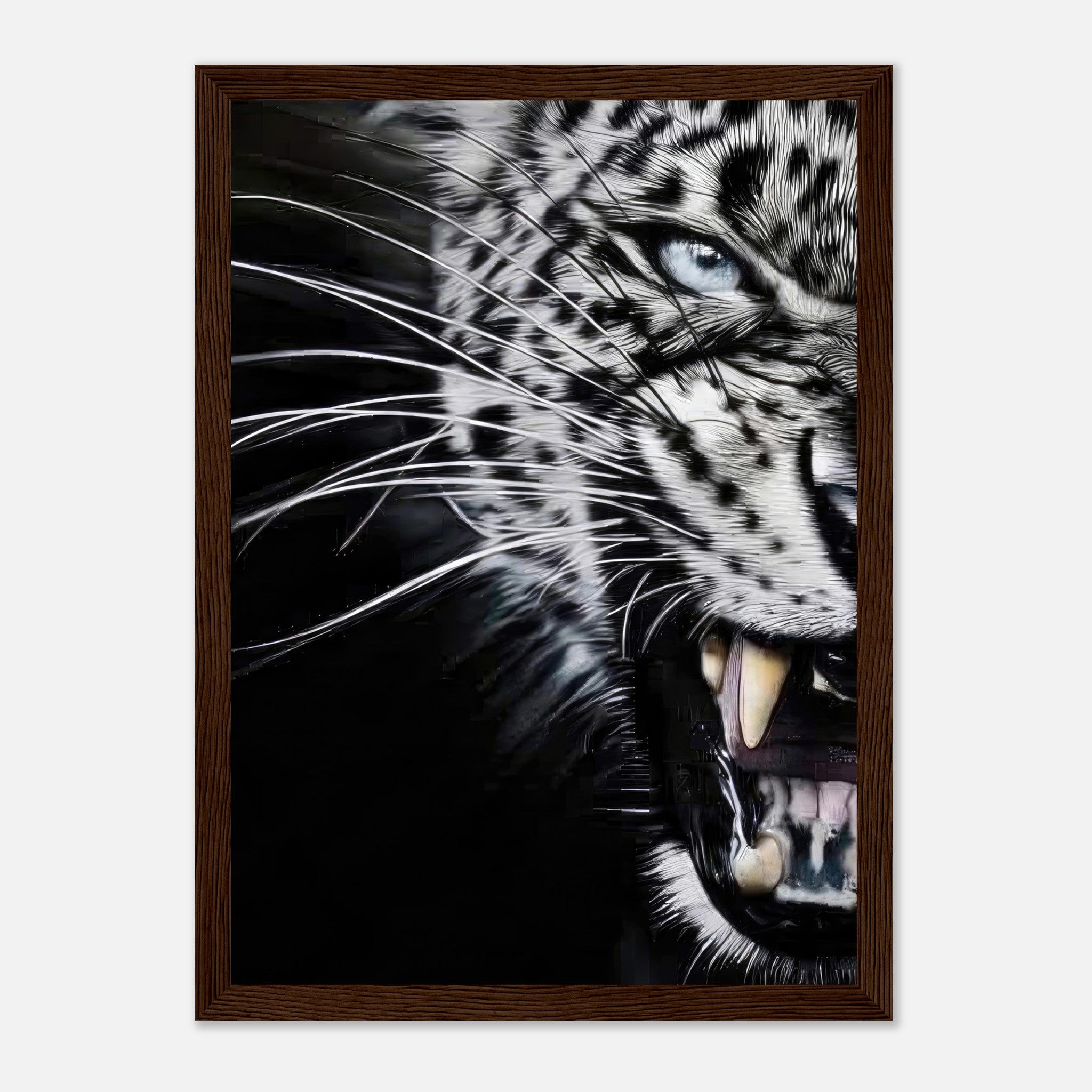 Leopard close-up portrait framed print showcasing fierce intensity and intricate details in black and white.