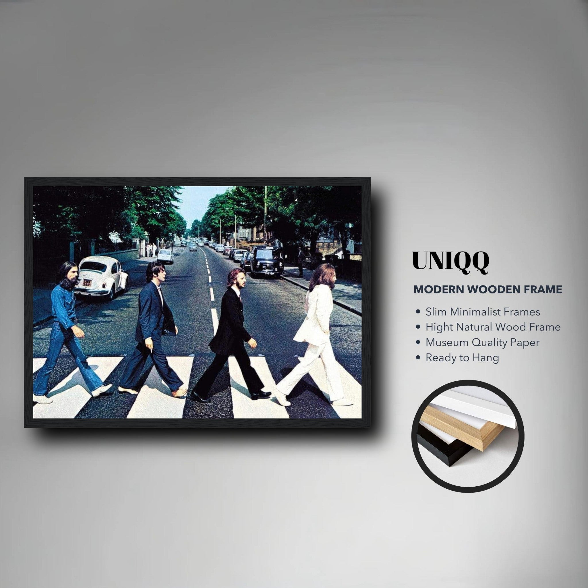 The Beatles Abbey Road framed print featuring iconic band photo, slim wooden frame, ready to hang and museum quality.