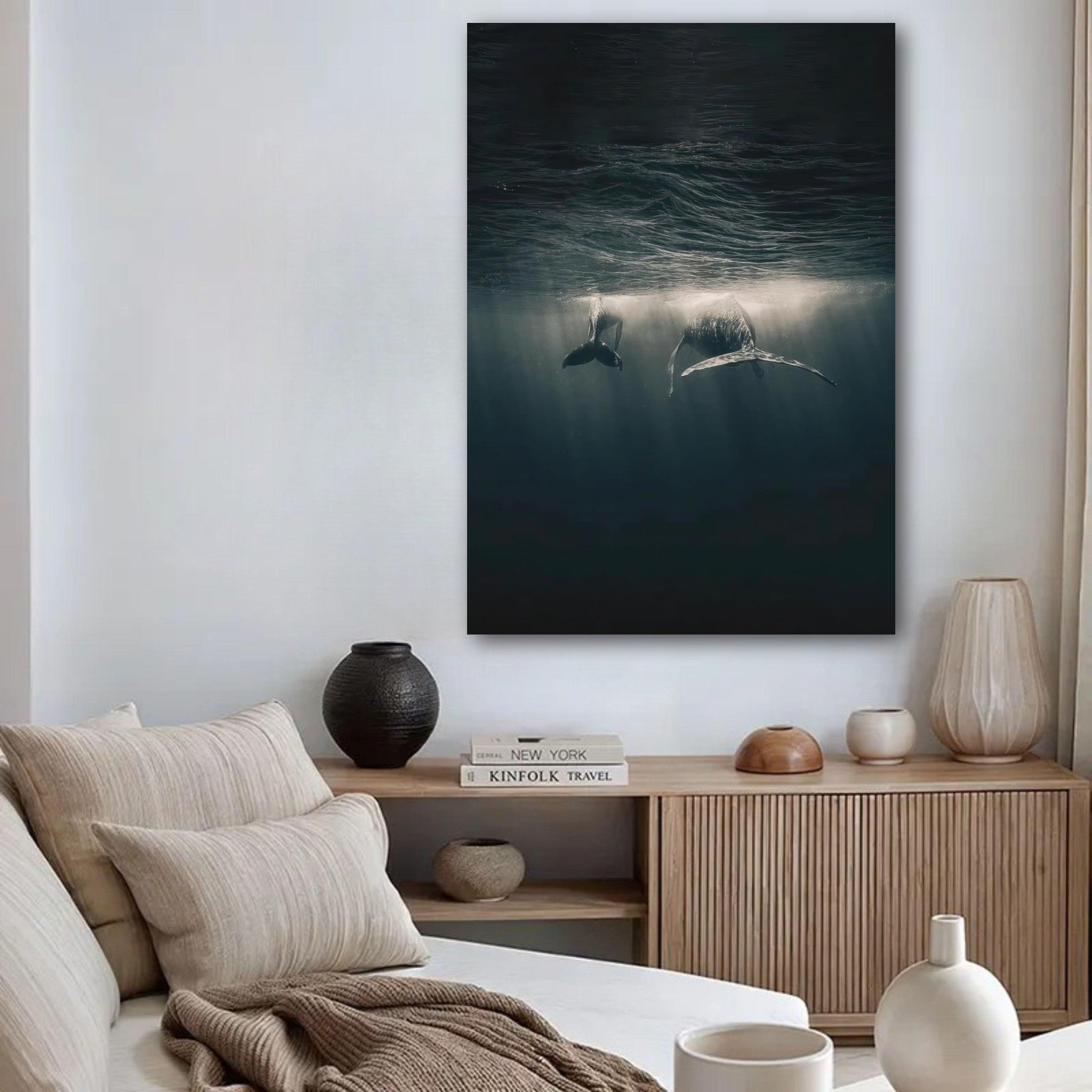 Whales swimming underwater in a serene ocean scene, beautifully displayed as a wall poster in a modern living room.