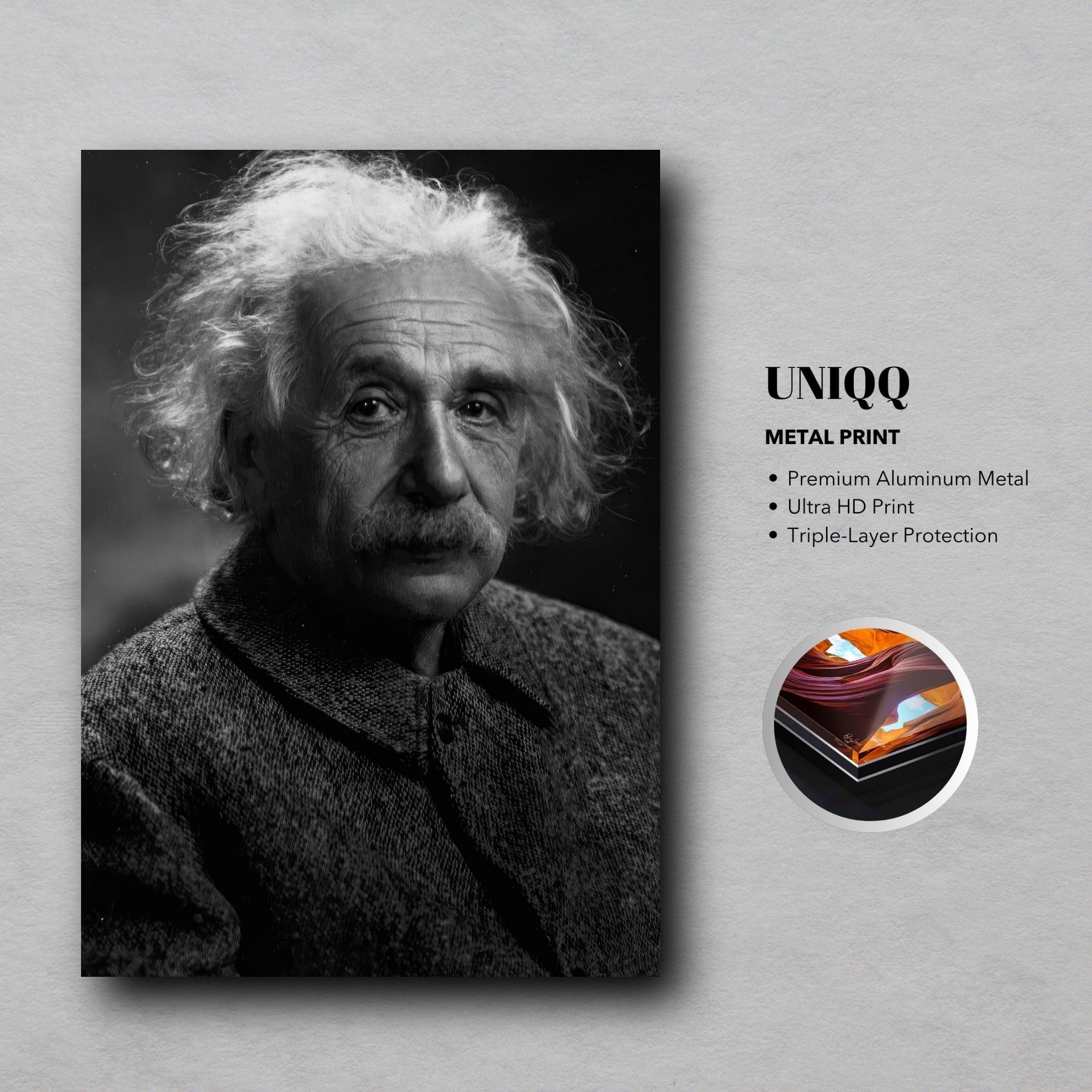 Albert Einstein portrait metal print featuring a timeless black-and-white photo on premium aluminum.