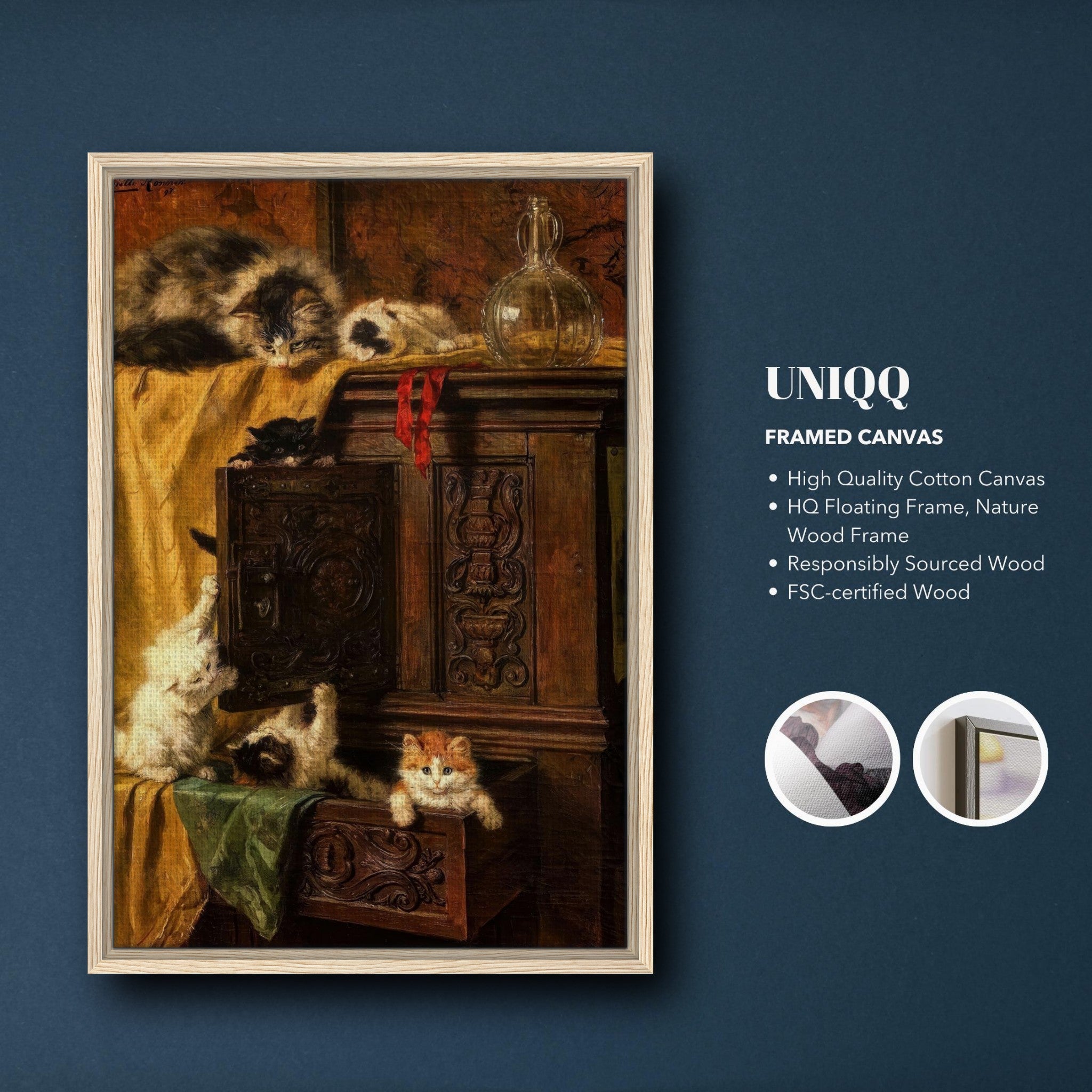 Vintage Cat Painting framed canvas print depicting playful kittens by a wooden cabinet, adding charm to home decor.