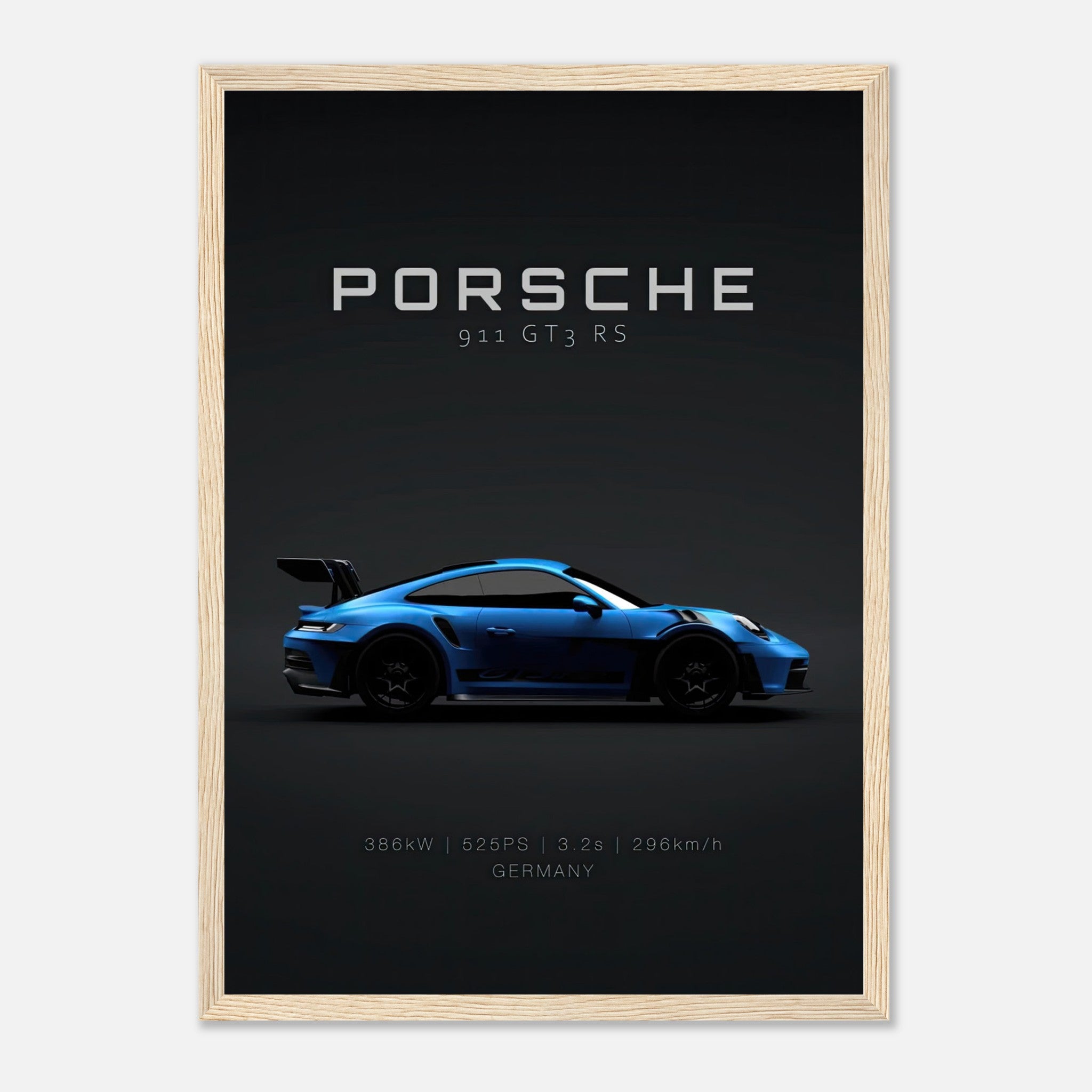Framed poster of Porsche 911 GT3 RS showcasing its sleek design and performance stats against a dark background.