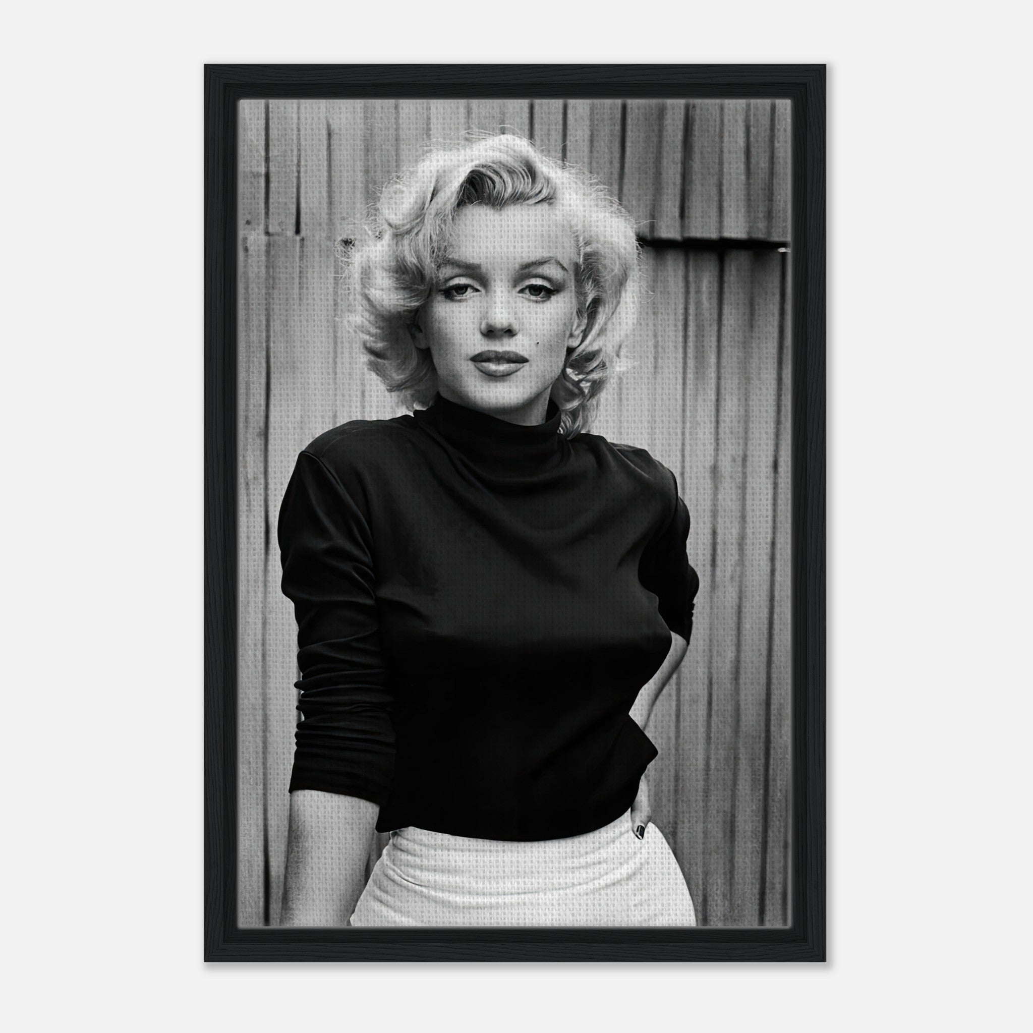Black-and-white portrait of Marilyn Monroe in a stylish outfit, framed canvas print for elegant home decor.