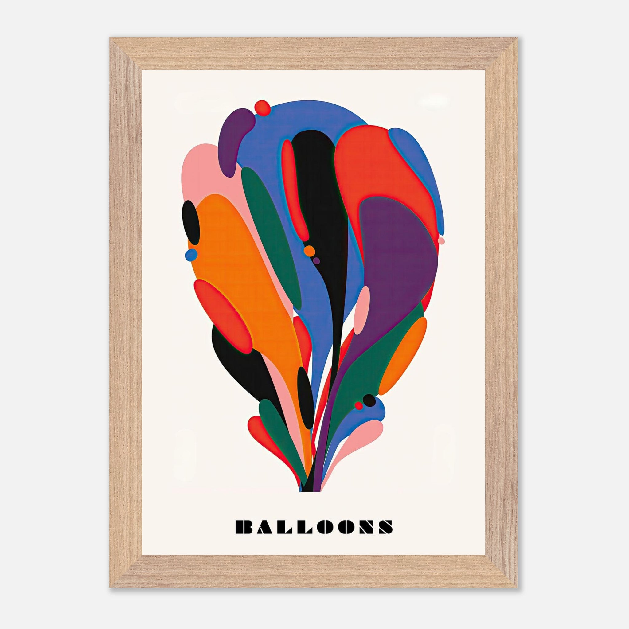 Abstract Balloon Art vintage print with colorful fluid shapes in a wood frame, adding charm to any space.