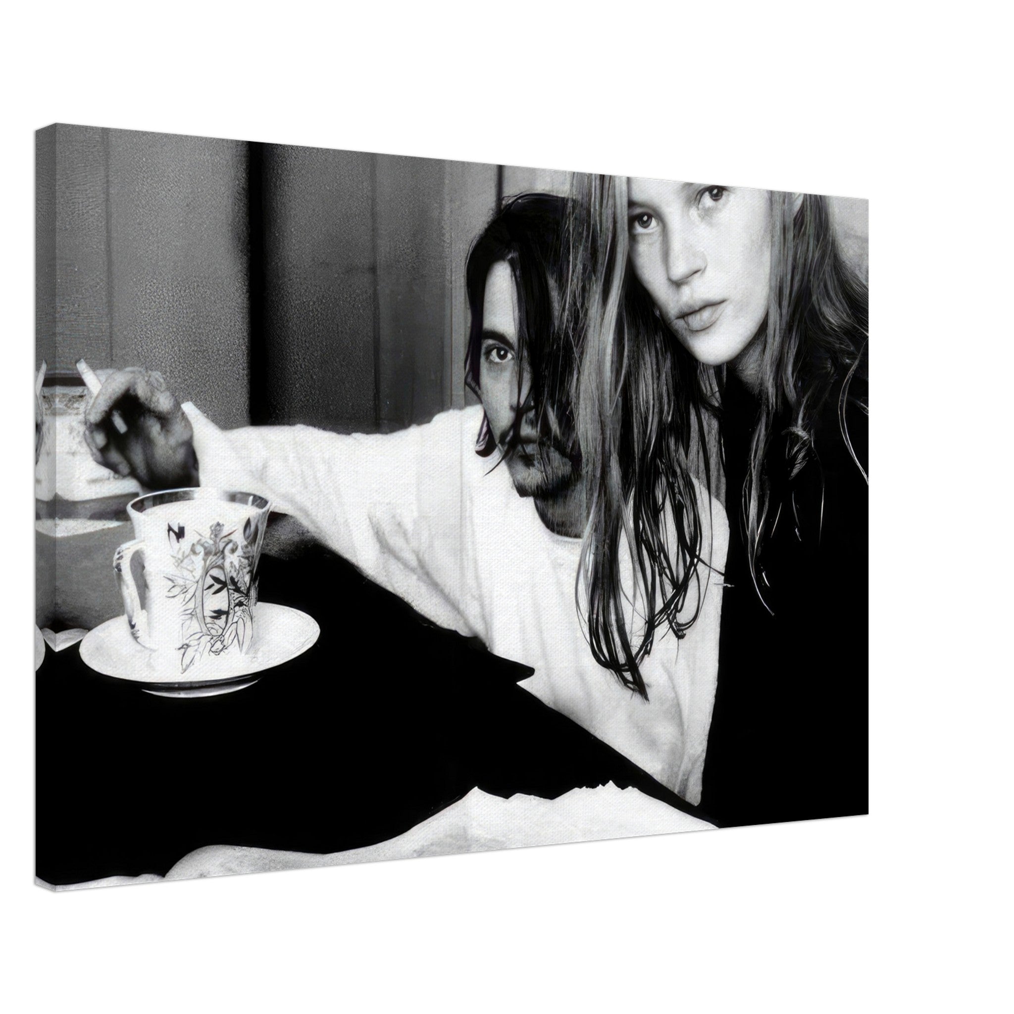 Johnny Depp and Kate Moss black-and-white canvas print capturing 90s nostalgia and rebellious romance.