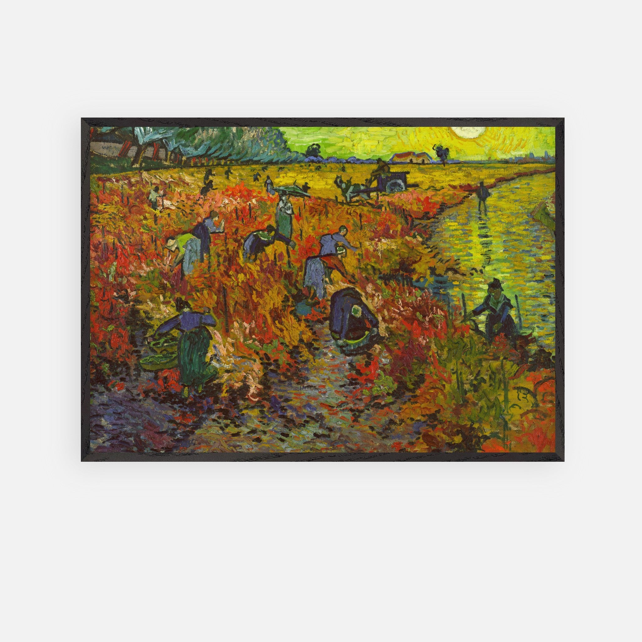 The Red Vineyard by Van Gogh, a vintage framed art print showcasing grape harvesters in vibrant autumn colors.