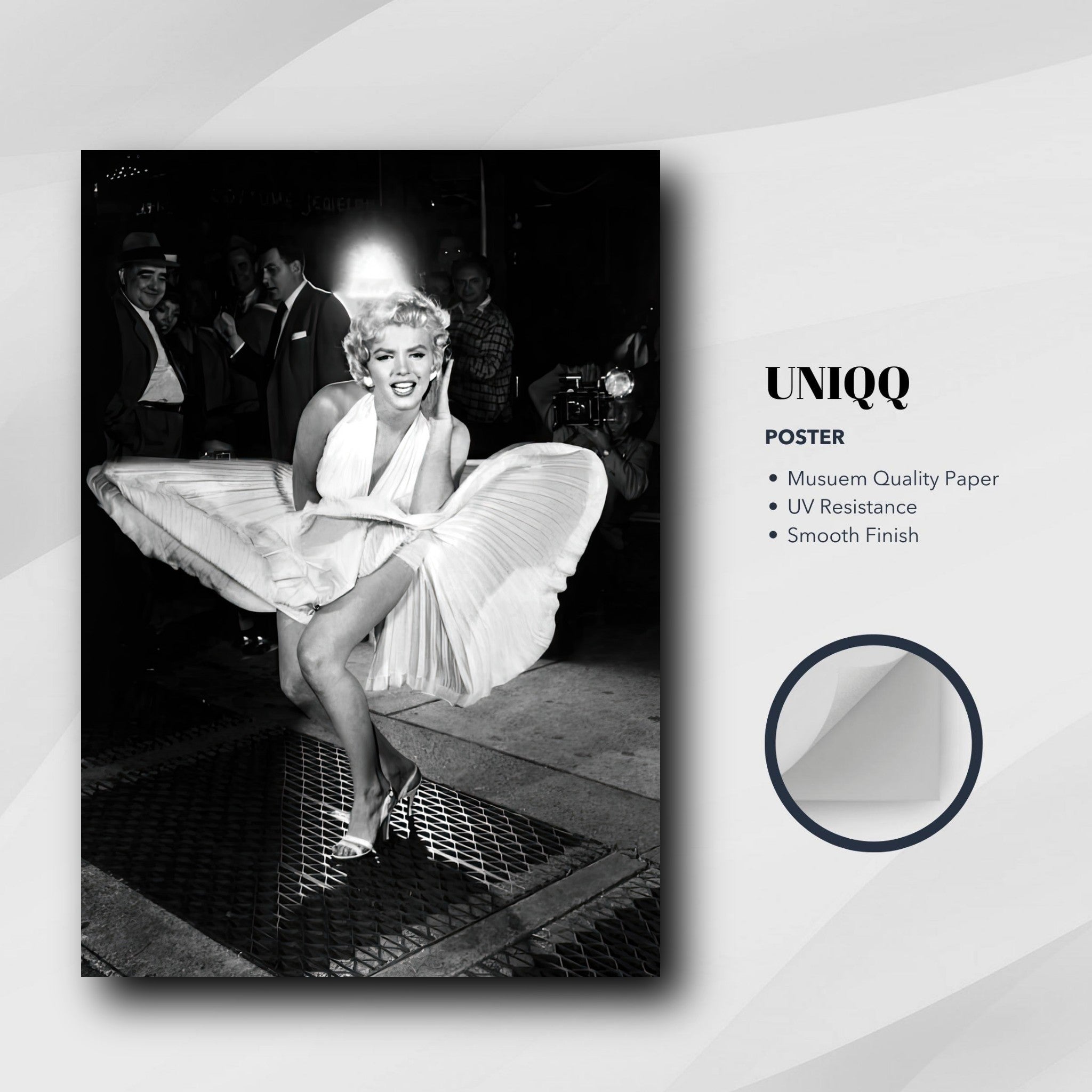 Marilyn Monroe white dress wind-blown photograph poster featuring iconic Hollywood moment in black and white.
