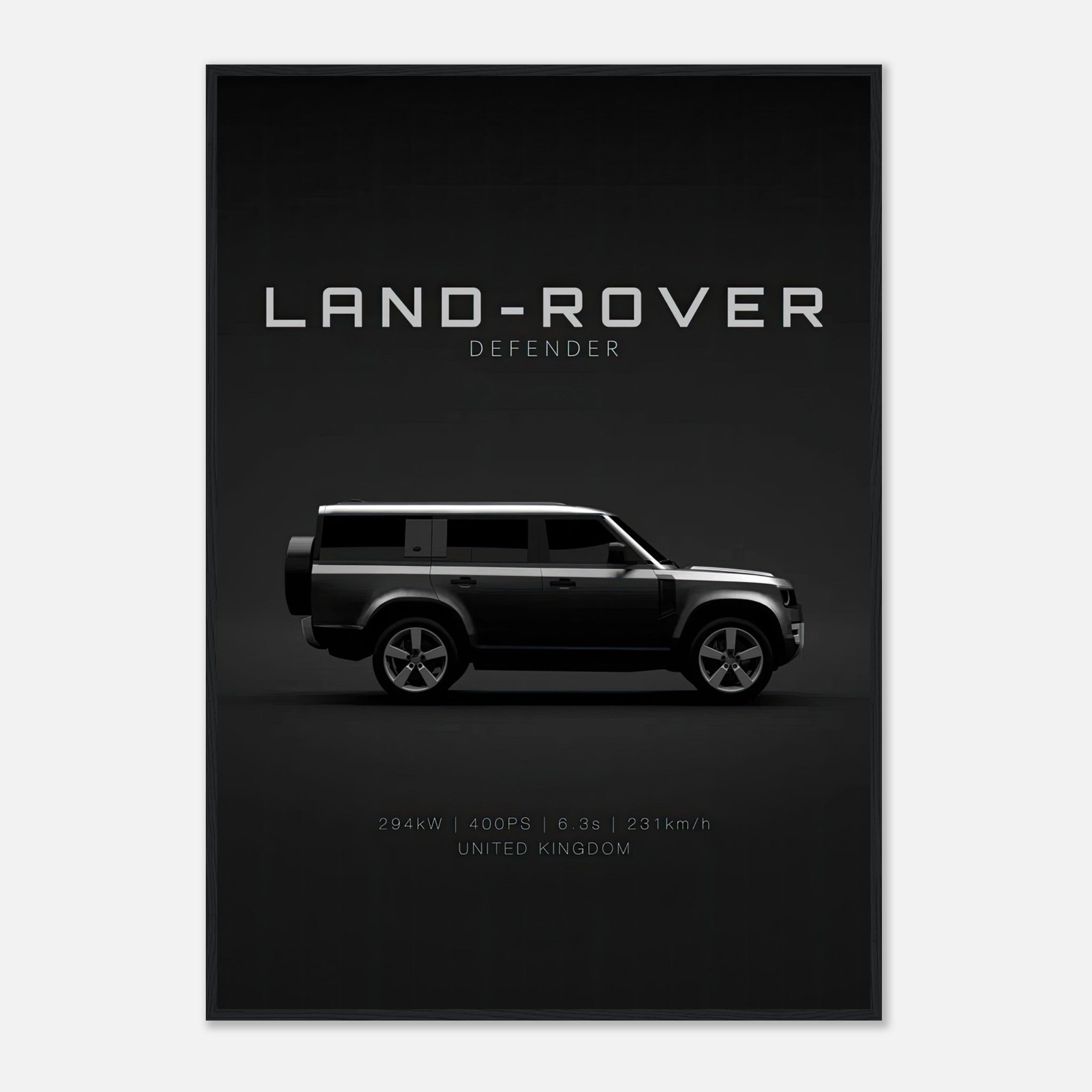 Framed print of Land Rover Defender, showcasing its sleek side profile with stylish text and automotive specs.