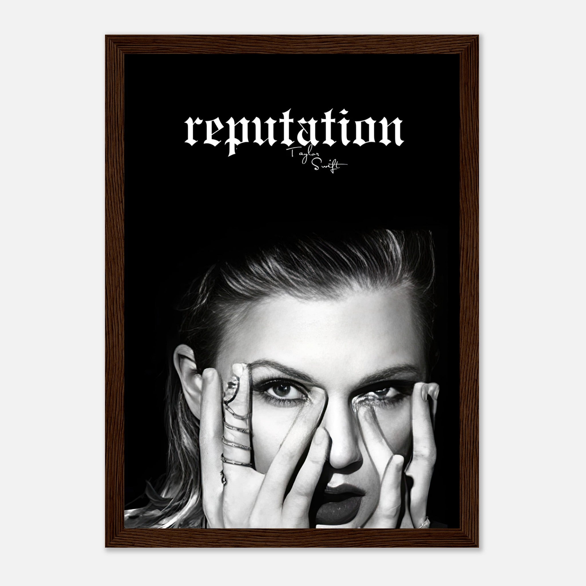 Taylor Swift Reputation framed print featuring bold black-and-white imagery and minimalist Black frame, perfect for any fan's decor.
