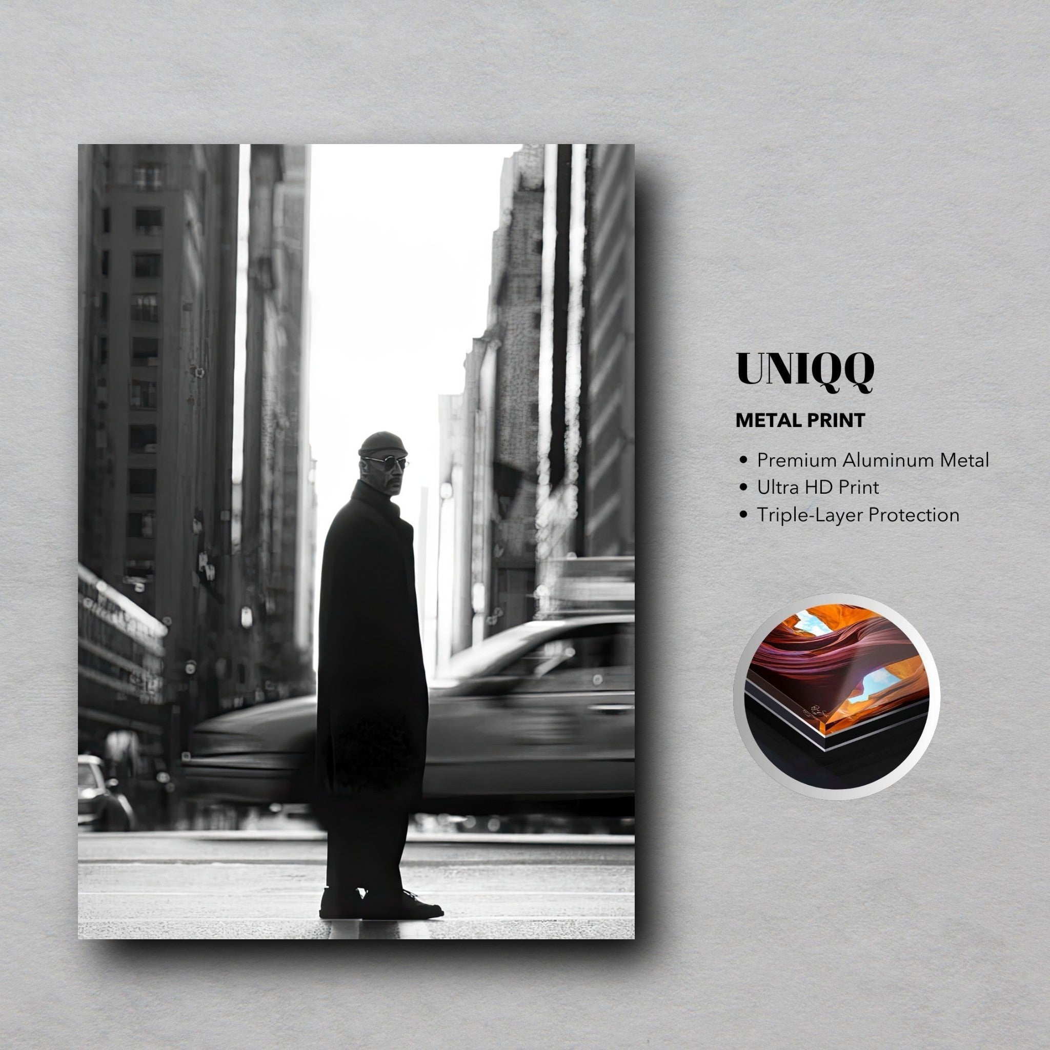 Jean Reno as Leon in New York, striking black-and-white metal print featuring urban backdrop.