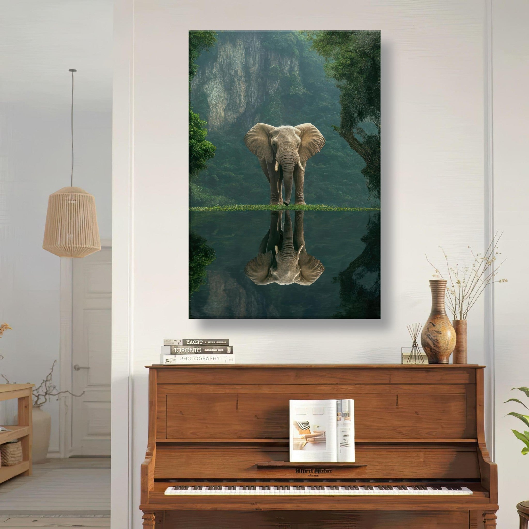 Jungle Elephant Portrait Canvas Print showcasing an elephant's reflection in a tranquil pool amid a lush jungle backdrop.