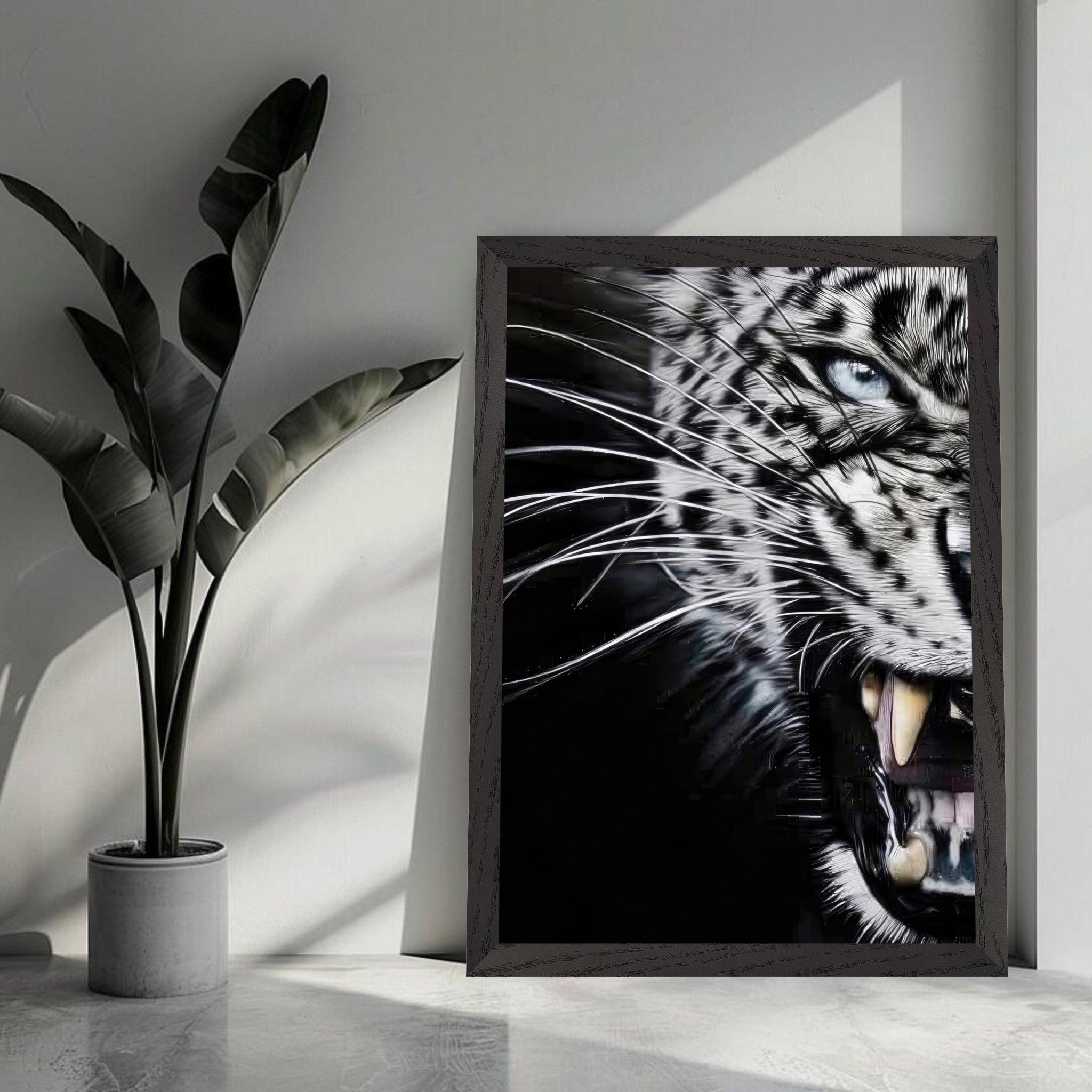 Leopard close-up portrait print showcasing fierce expression and detailed blue eyes in a vintage frame.