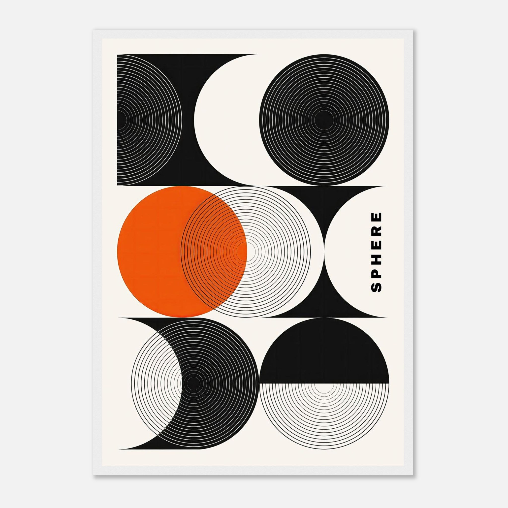 Abstract Geometric Sphere Art Framed Print with bold black and white circles and vibrant orange accents.