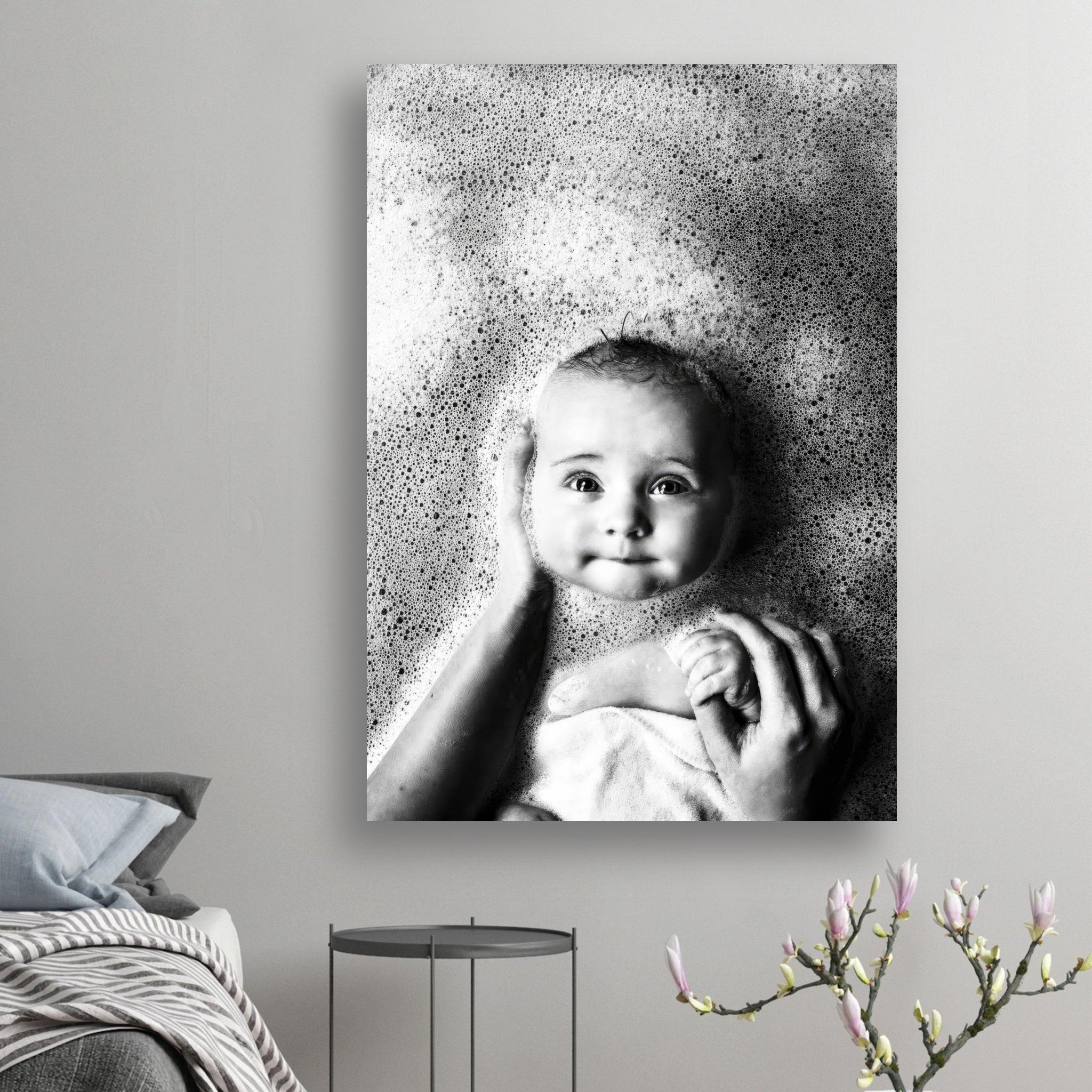 Baby bath photography poster featuring a smiling baby surrounded by bubbles in a serene black and white print.