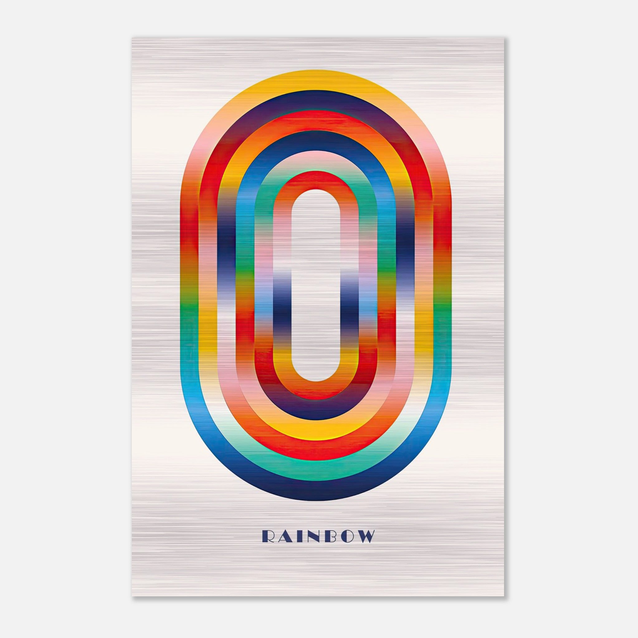 Abstract rainbow geometric art print on brushed metal showcasing vibrant colors and sleek design.