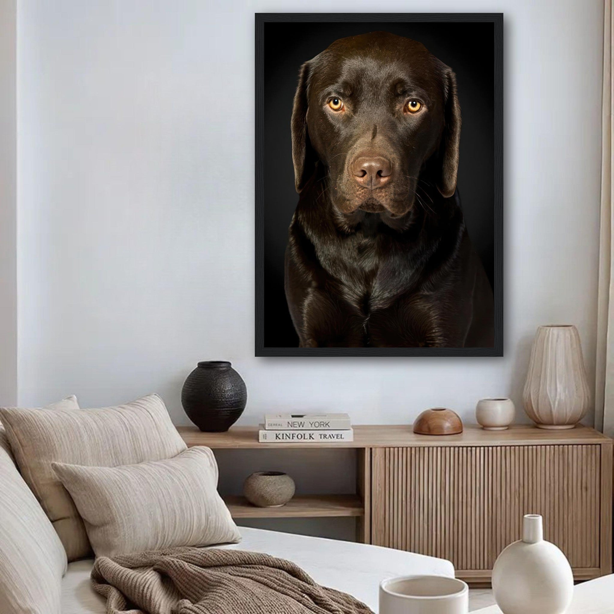 Framed portrait of a chocolate Labrador Retriever in a cozy living room setting, highlighting its soulful eyes and rich brown coat.