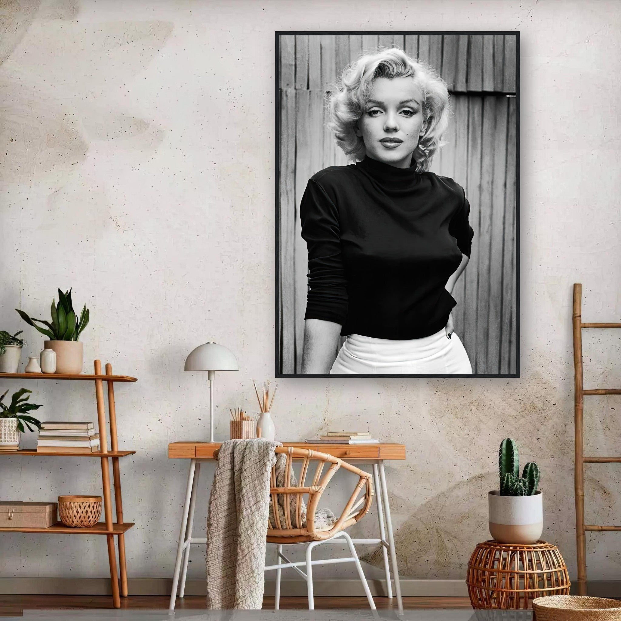 Black-and-white framed portrait of Marilyn Monroe adding vintage glamour to modern decor.