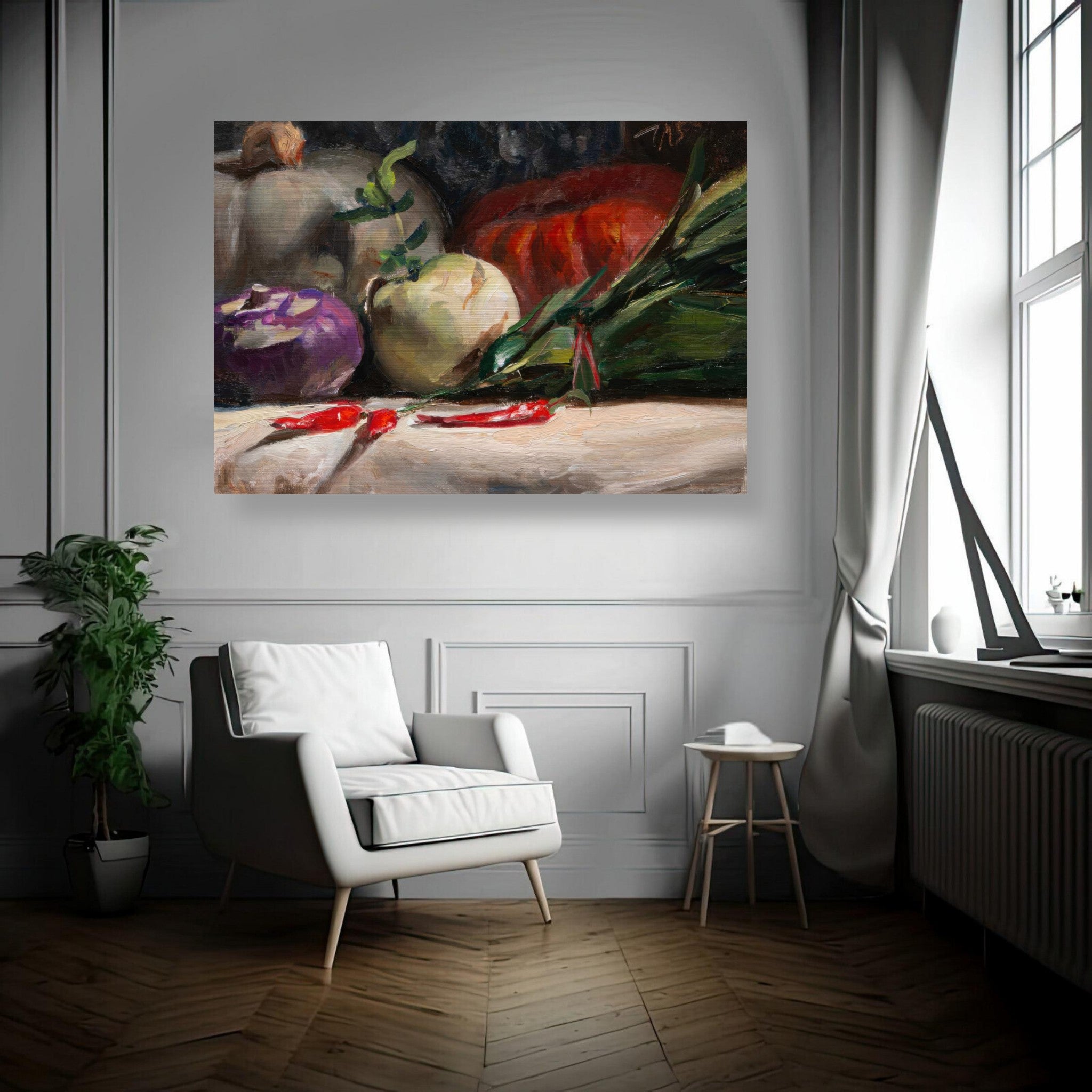 Brushed metal painting of kohlrabi, pumpkins, and chilis enhancing kitchen decor with vibrant colors and textures.