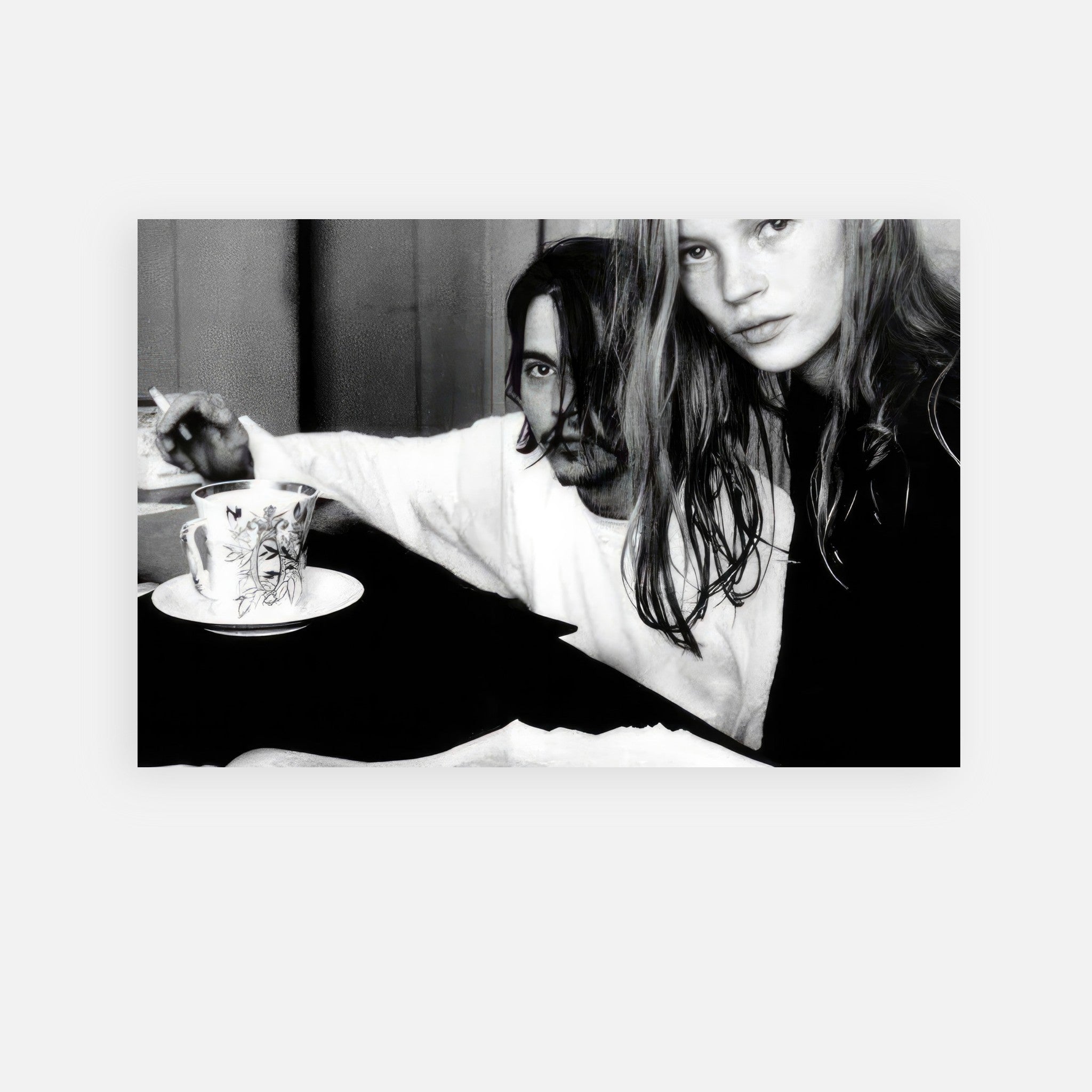 Rebel Romance metal print of Johnny Depp and Kate Moss in a black-and-white intimate photo by François-Marie Banier.