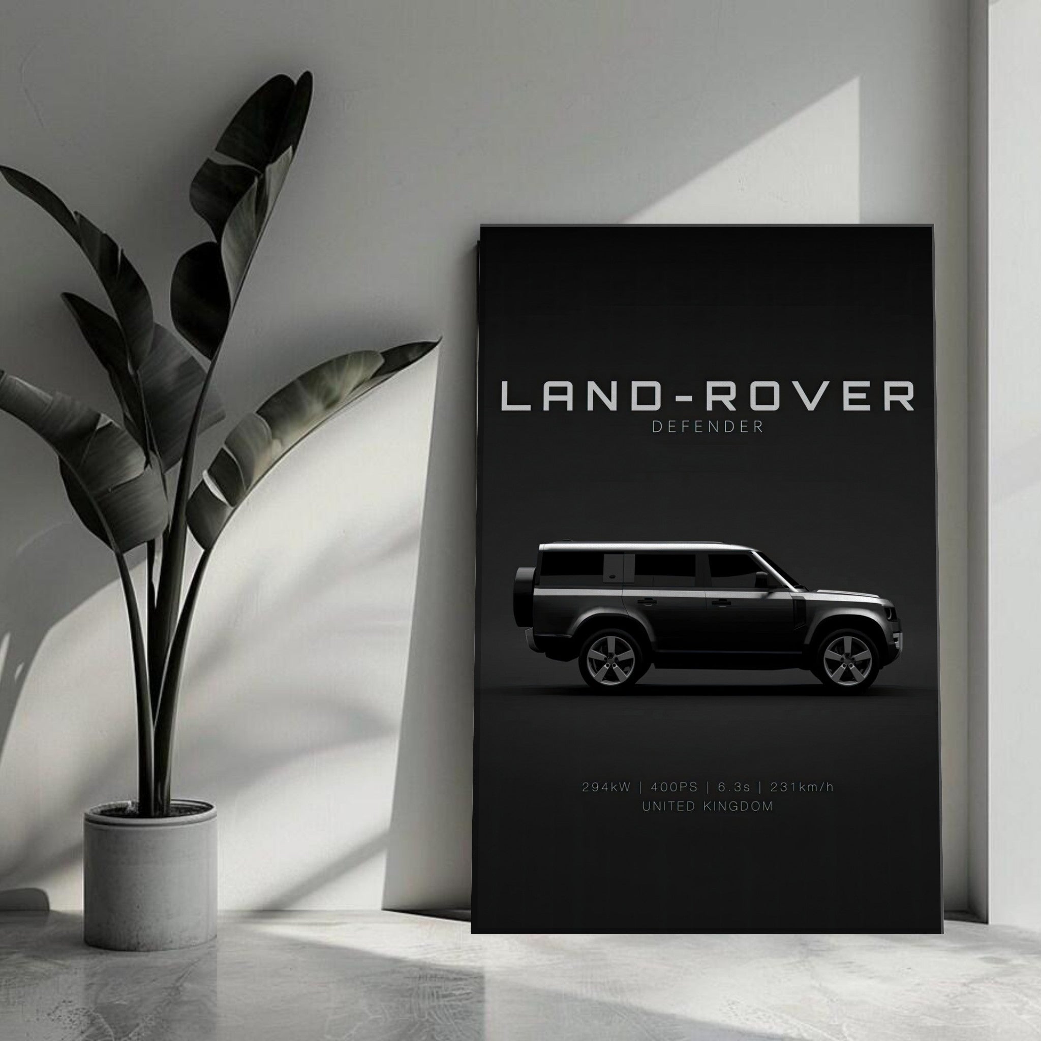 Land Rover Defender canvas print showcasing sleek design against a minimalist black background.