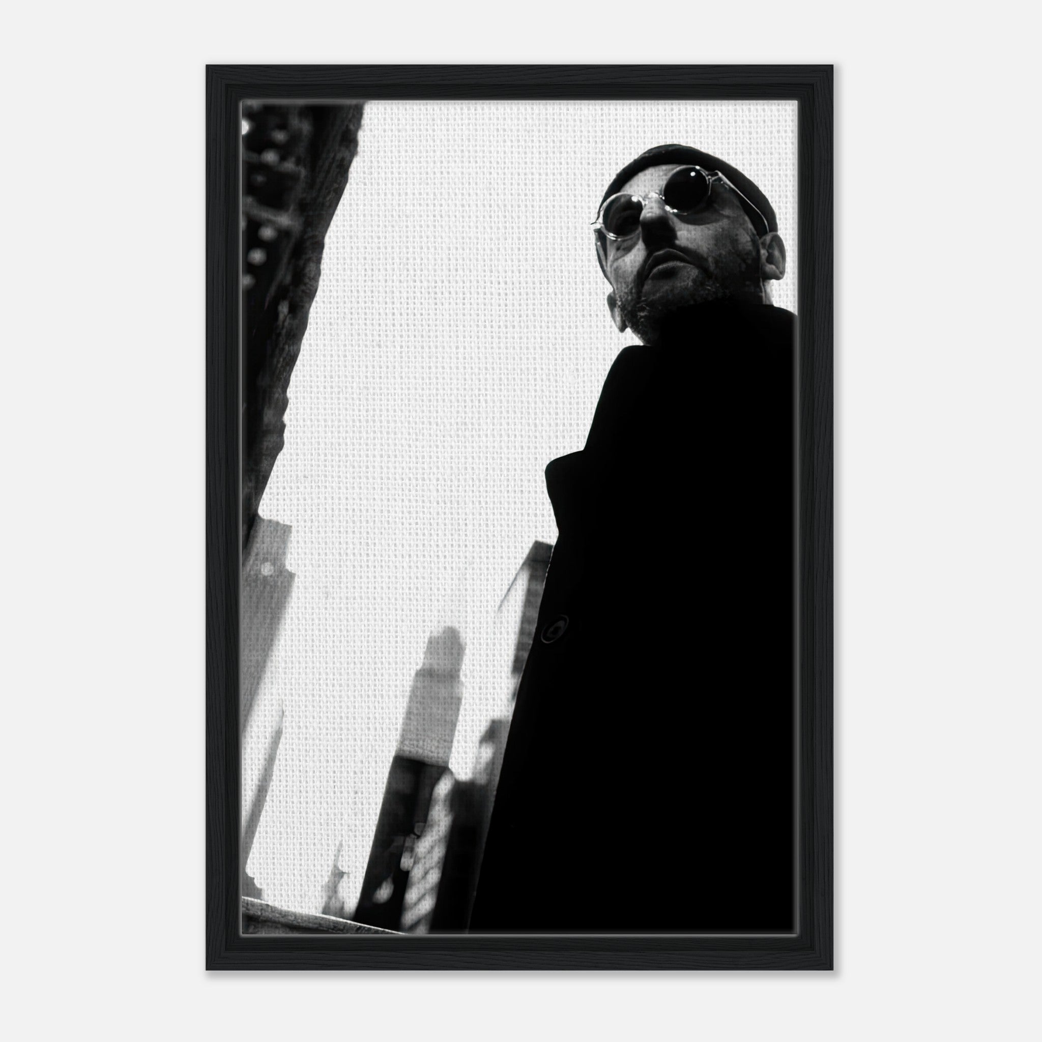 Leon Photography - Jean Reno framed canvas print in black-and-white, showcasing a bold cinematic perspective.