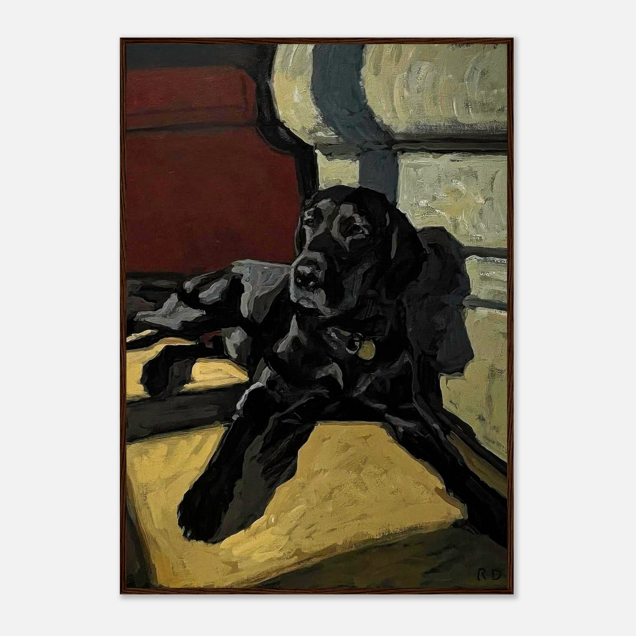 Black Labrador dog painting framed print featuring a lounging dog in warm earthy tones and expressive brushstrokes.