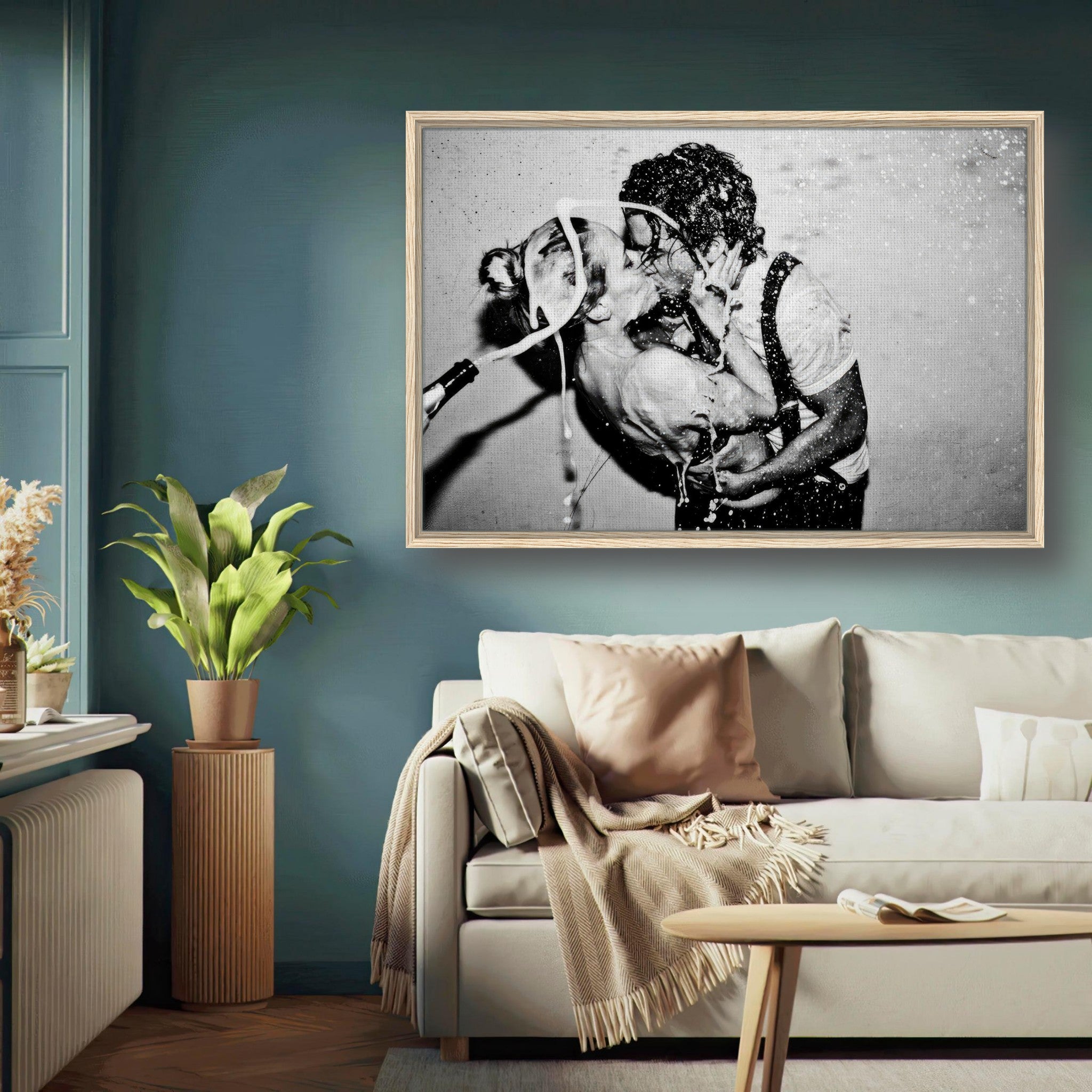 Framed canvas print of Johnny Depp and Kate Moss kissing, showcasing Hollywood passion in a stylish living room.