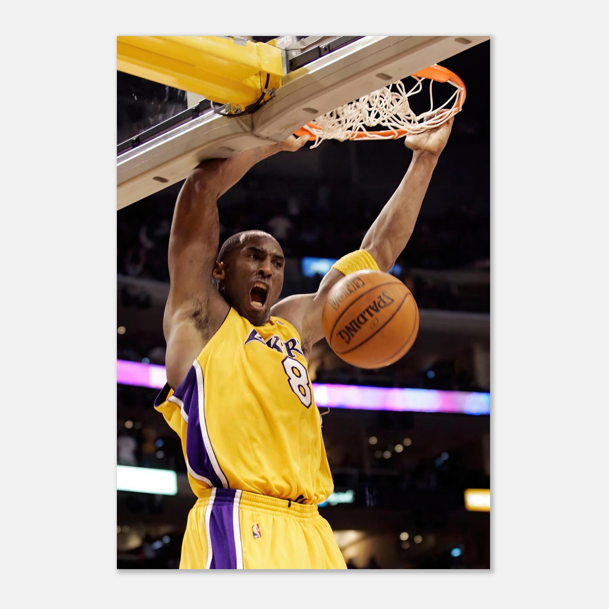 Kobe Bryant's iconic slam dunk in a Lakers jersey, capturing the energy and intensity of the game on a metal print.