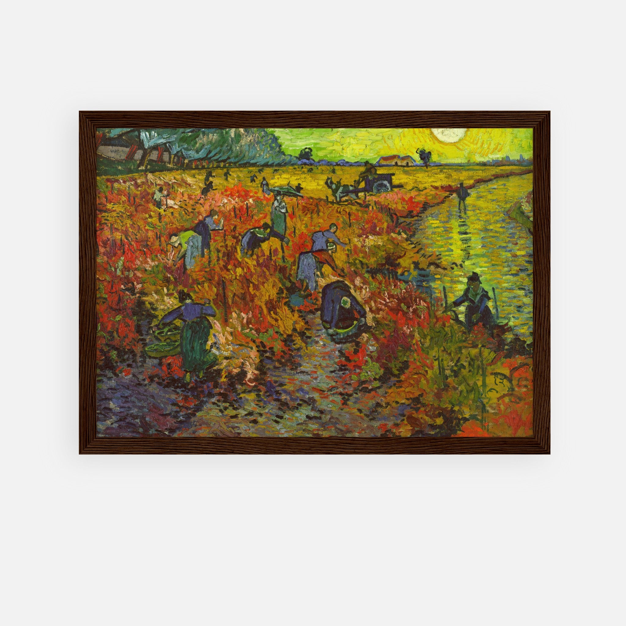 Framed print of Van Gogh's The Red Vineyard, depicting vibrant harvest scenes in autumn colors.
