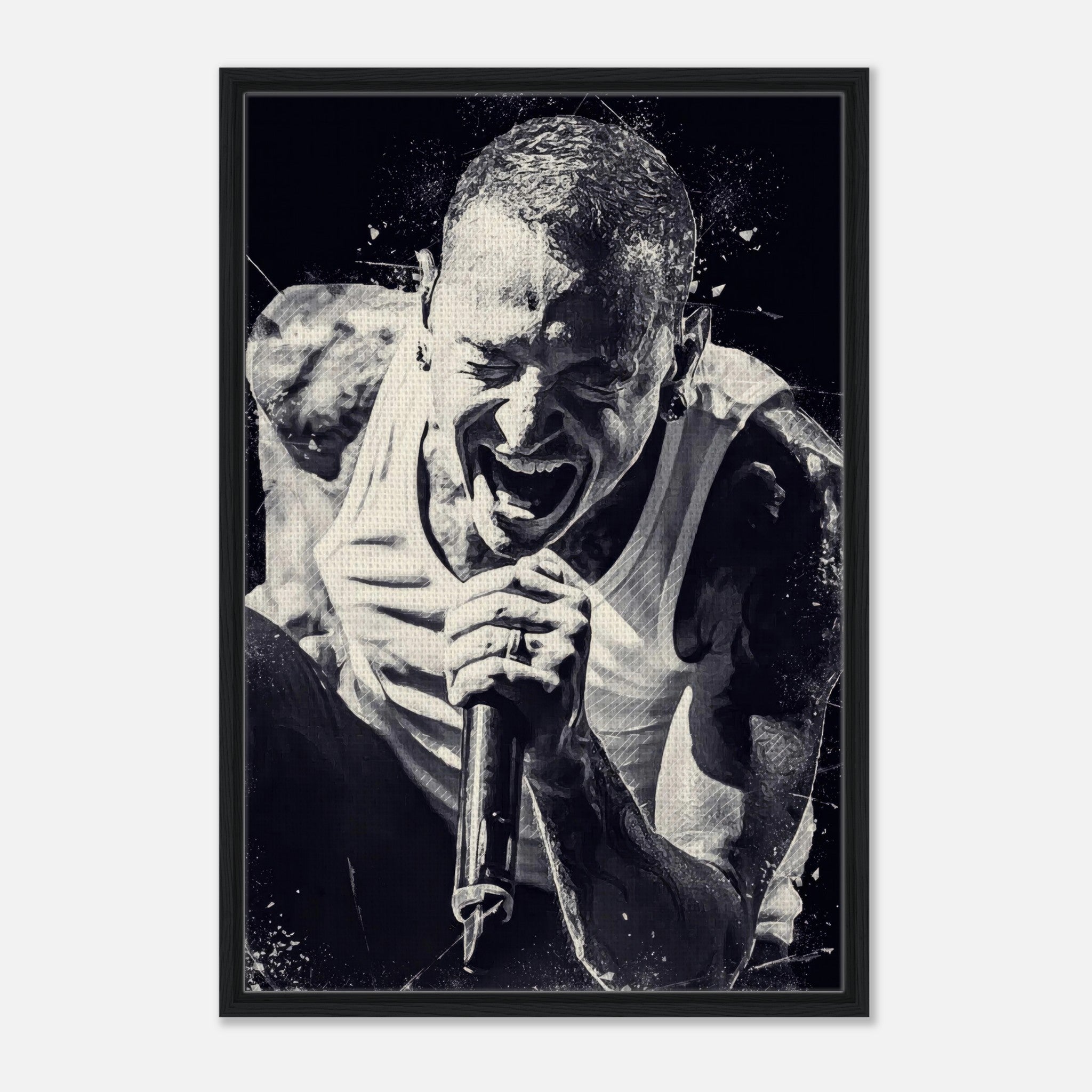 Chester Bennington framed canvas print, showcasing his intense performance in black and white.
