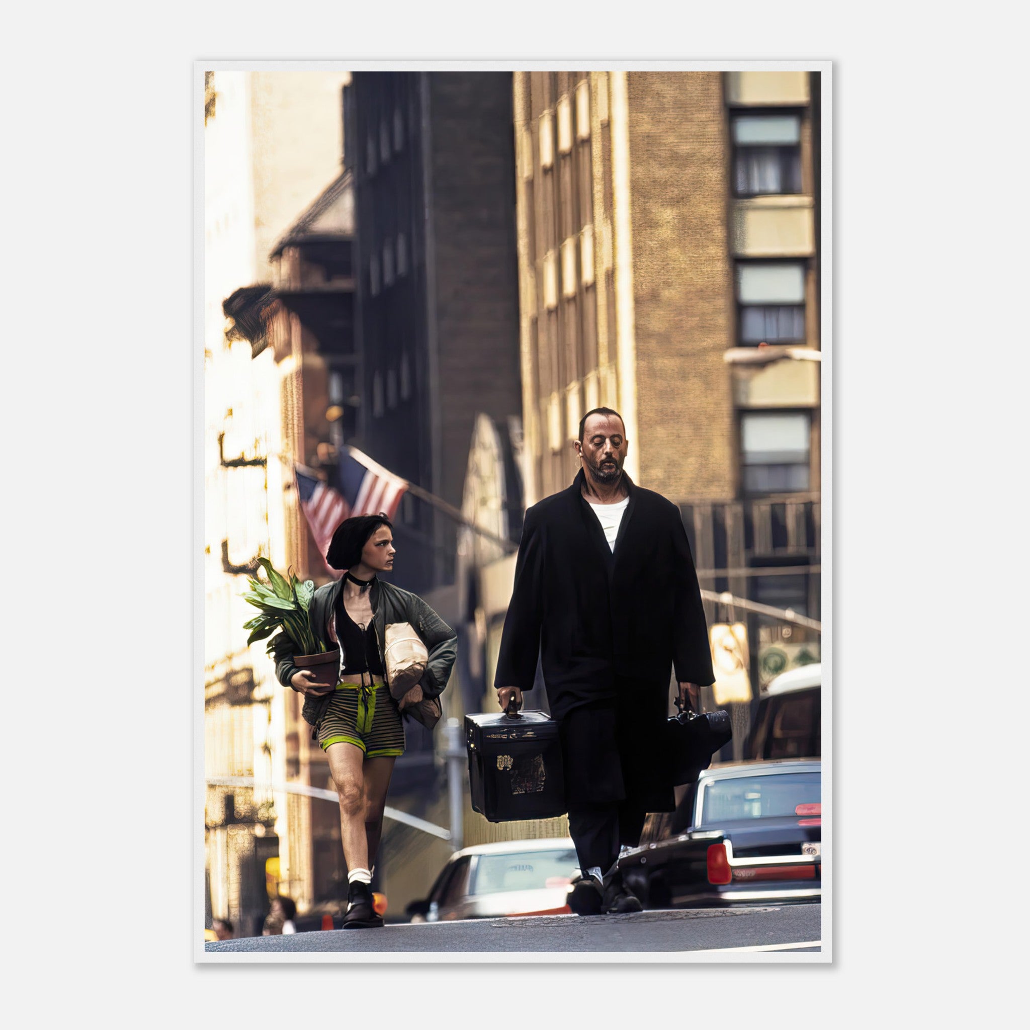Jean Reno and Natalie Portman in *Leon* framed print, showcasing their iconic scene in the city.
