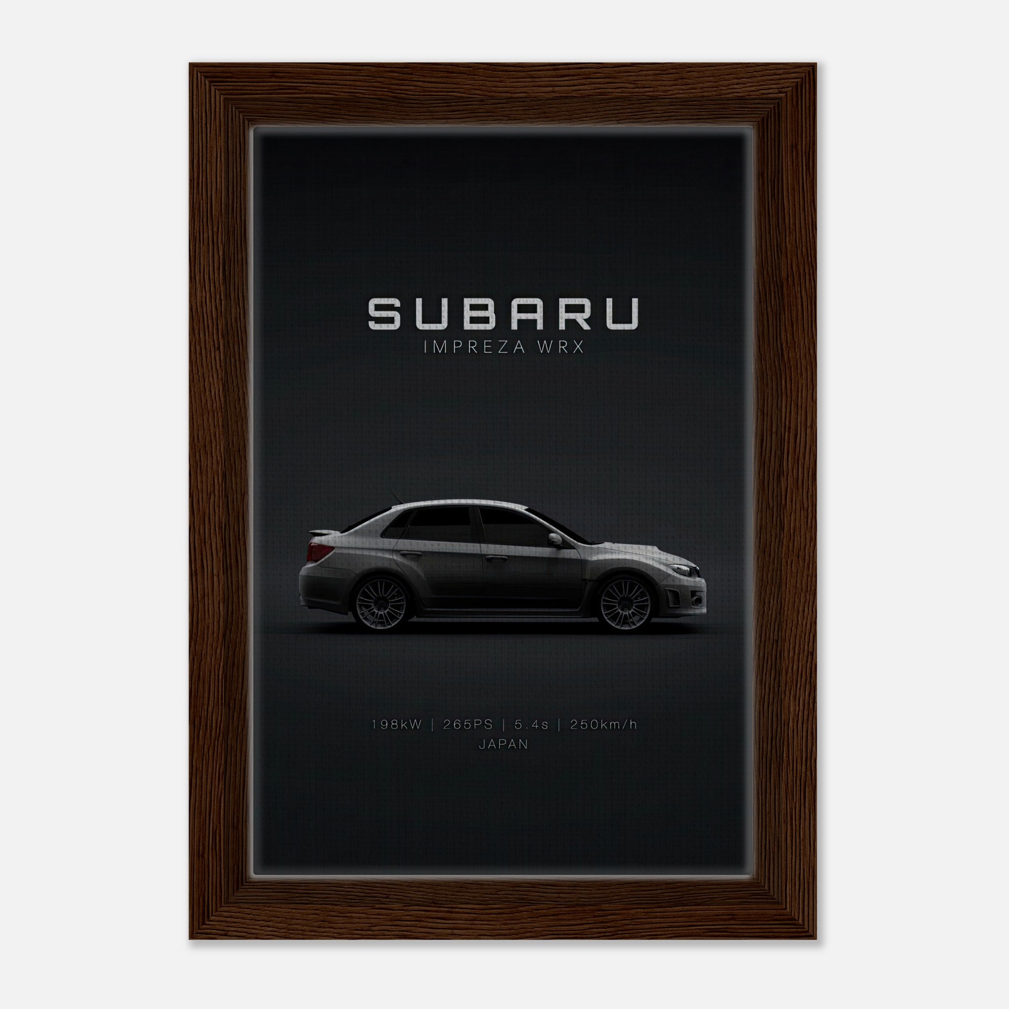 Subaru WRX framed canvas featuring minimalistic design and profile view with key specifications.