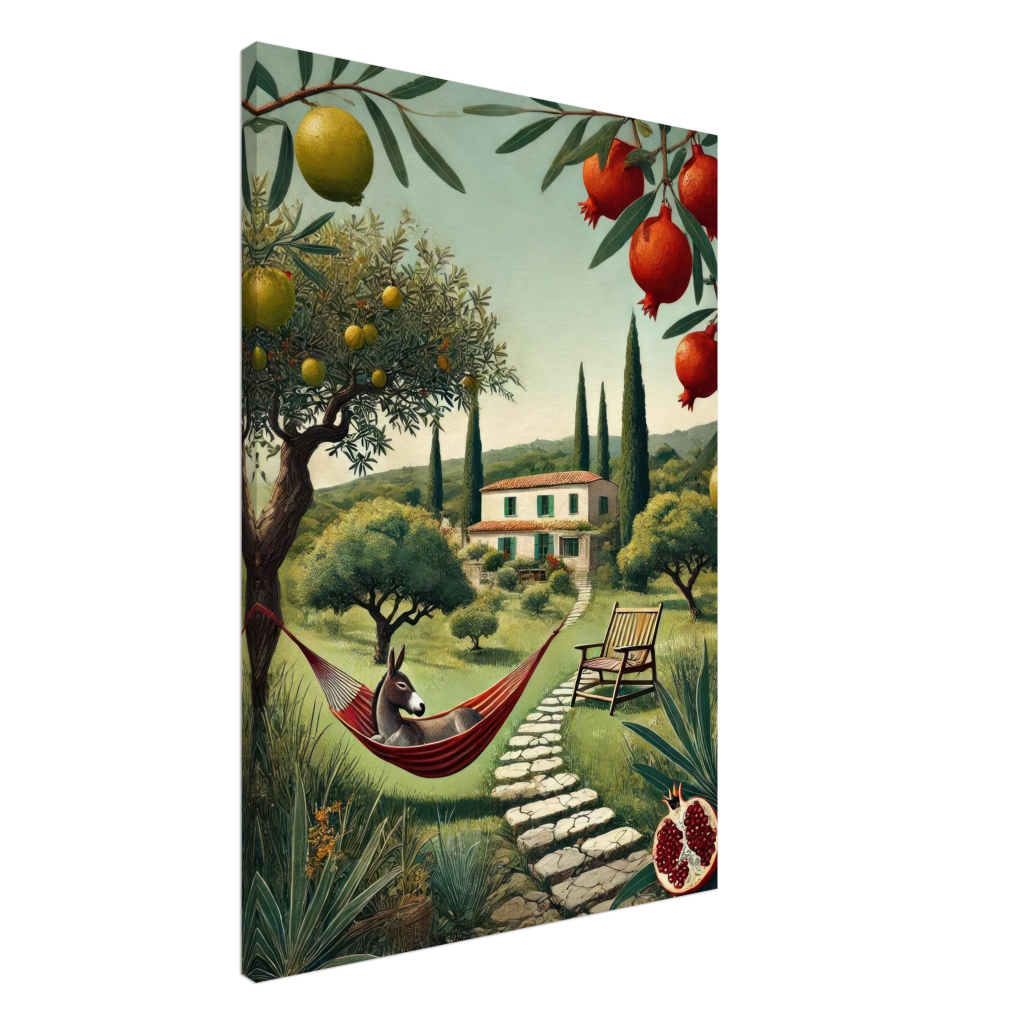 Charming Mediterranean rural landscape canvas print with hammock, stone path, and villa surrounded by lush greenery.