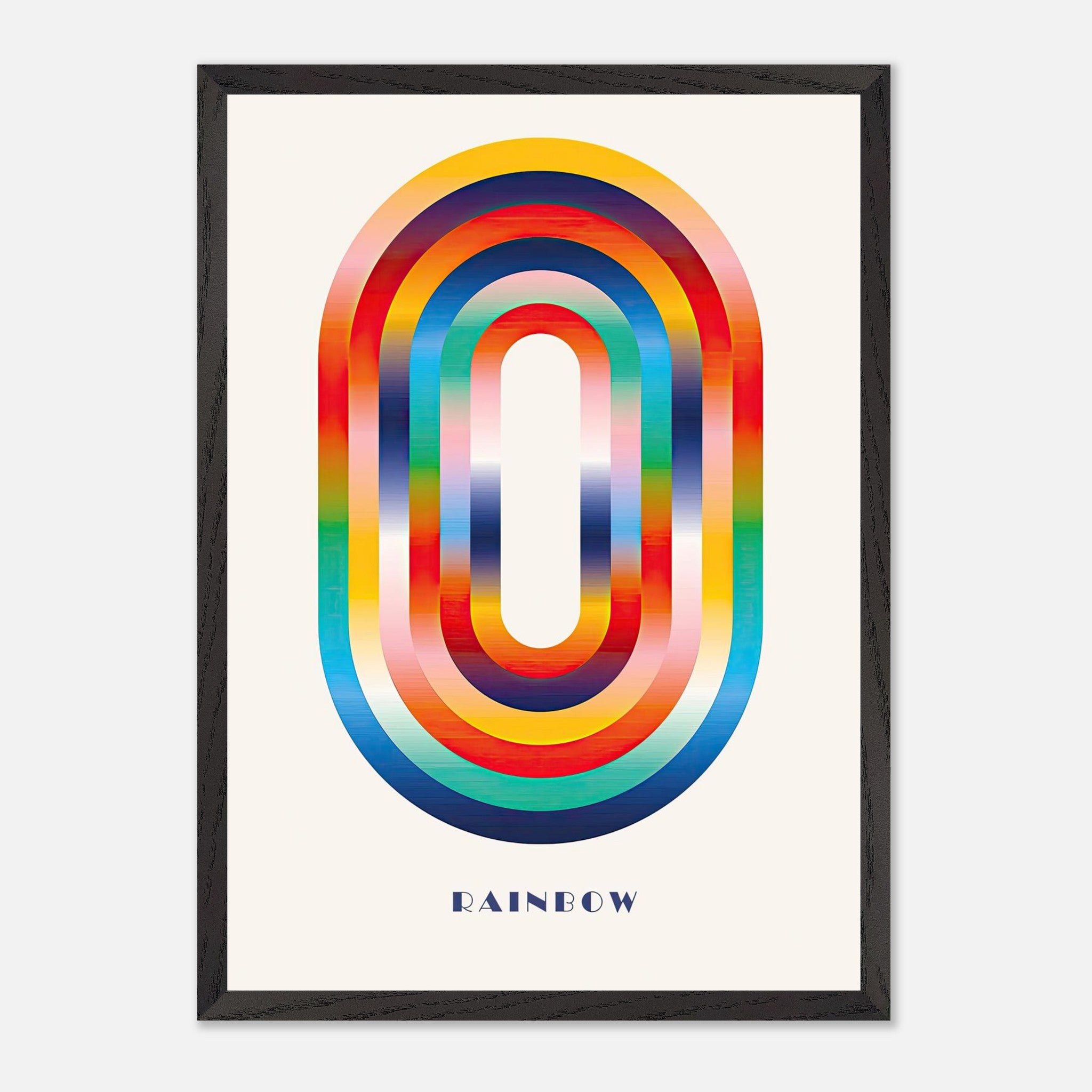 Abstract rainbow geometric art featuring vibrant overlapping arcs and bold colors, framed for a stylish decor.