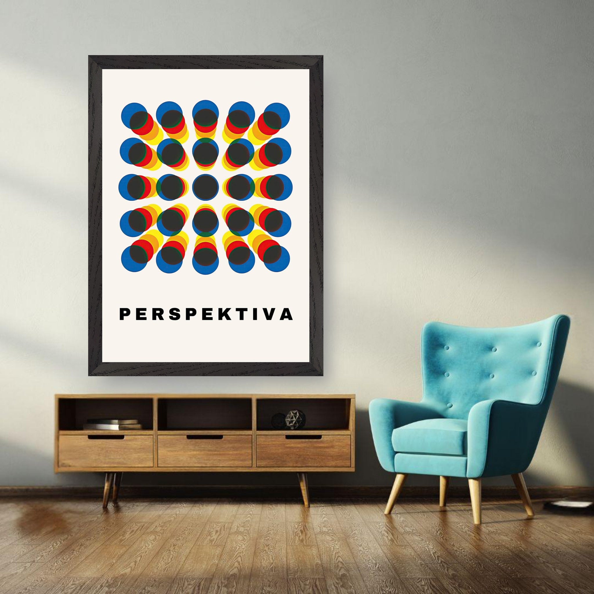 Perspective Abstract Art vintage framed print showcasing geometric design and optical illusion in a modern living room.