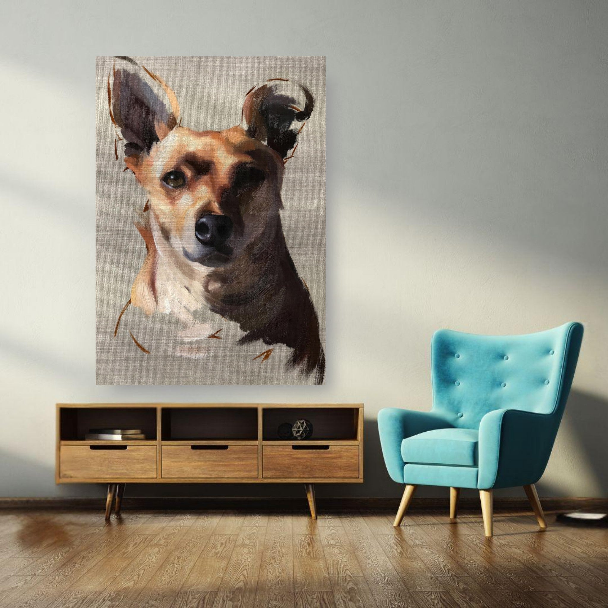 Chihuahua dog painting in a modern living room setting, showcasing artistic detail on brushed metal.