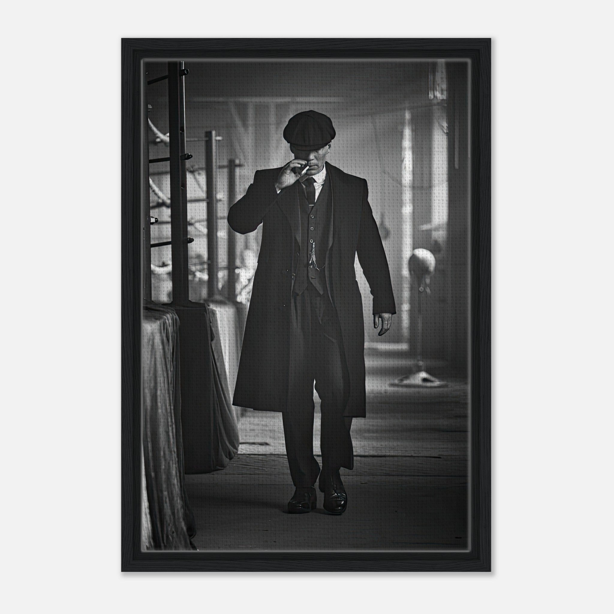 Tommy Shelby framed canvas print from Peaky Blinders, featuring a stylish figure in monochrome detail.