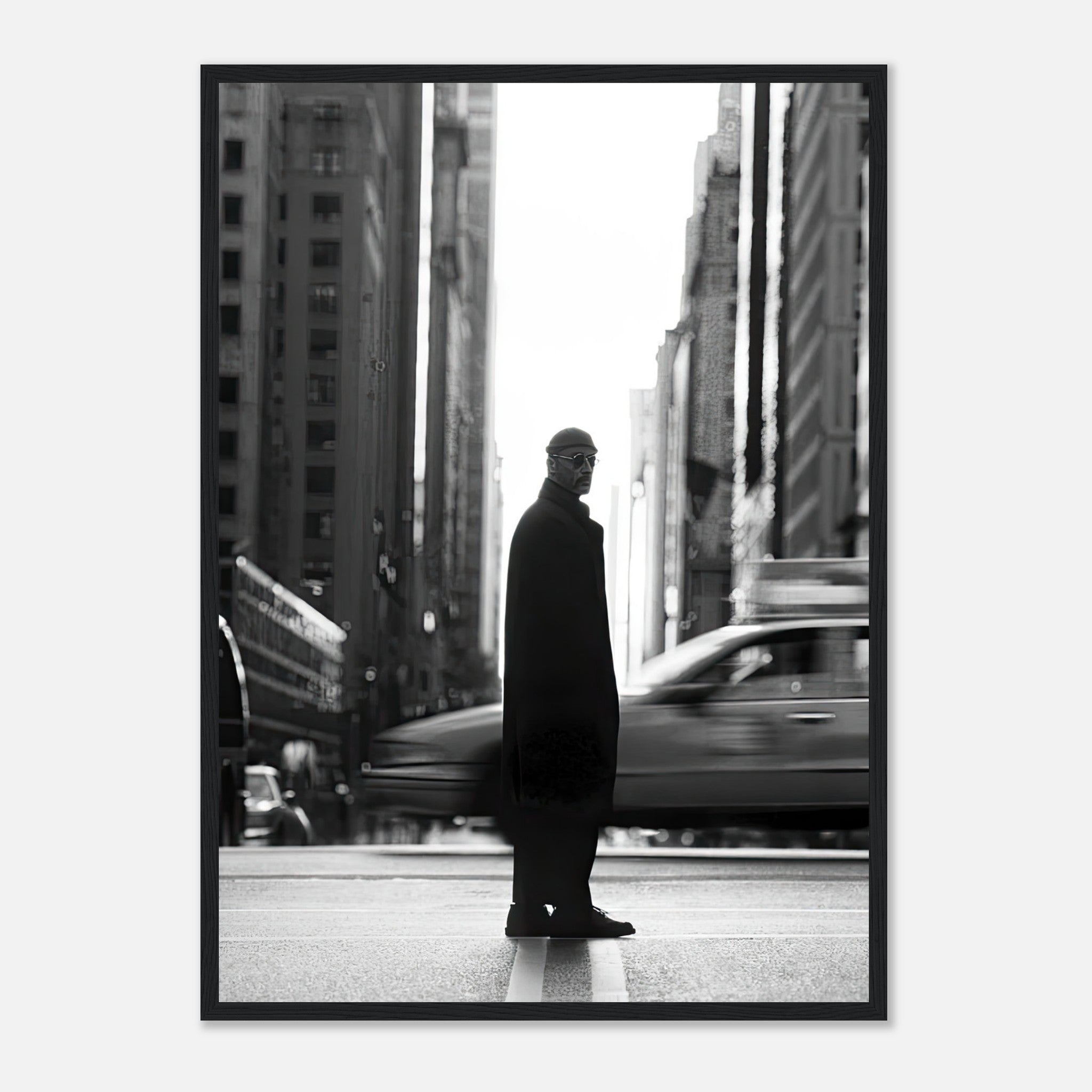 Black-and-white framed print of Leon, portrayed by Jean Reno, standing in New York's bustling streets.