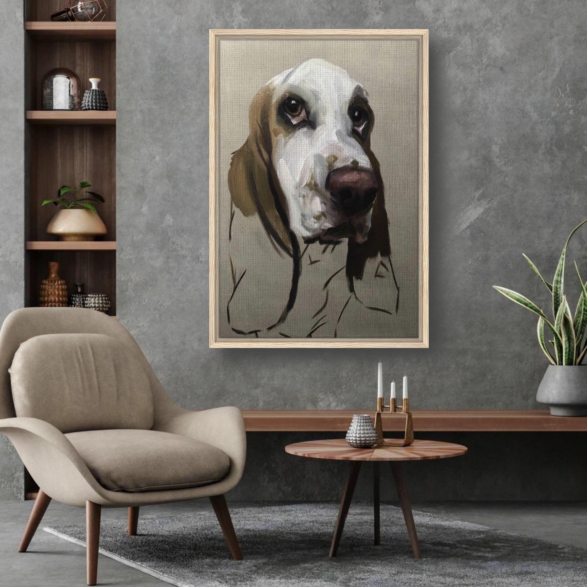 Basset Hound dog painting framed canvas print displayed in a modern home interior with a stylish chair and decor.
