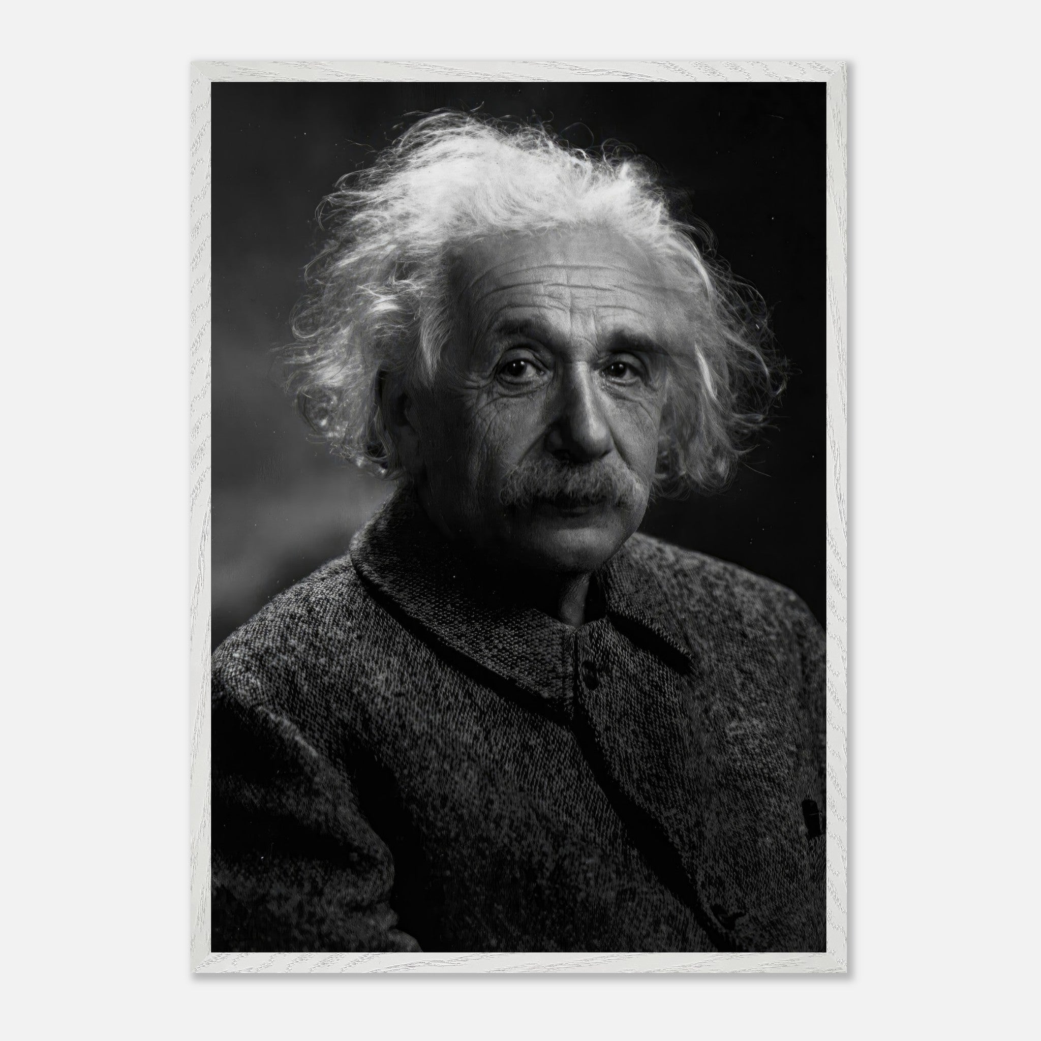Black-and-white portrait of Albert Einstein, captured in museum-quality fine art style.