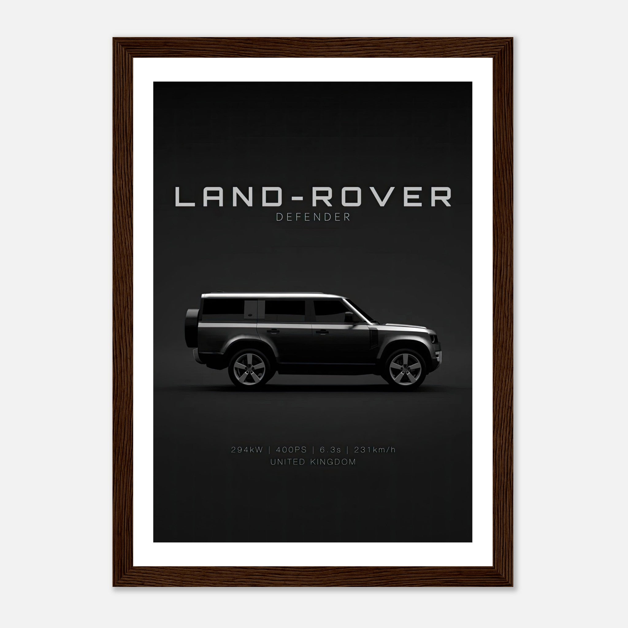 Framed print of Land Rover Defender showcasing its sleek design and specifications on a dark background.