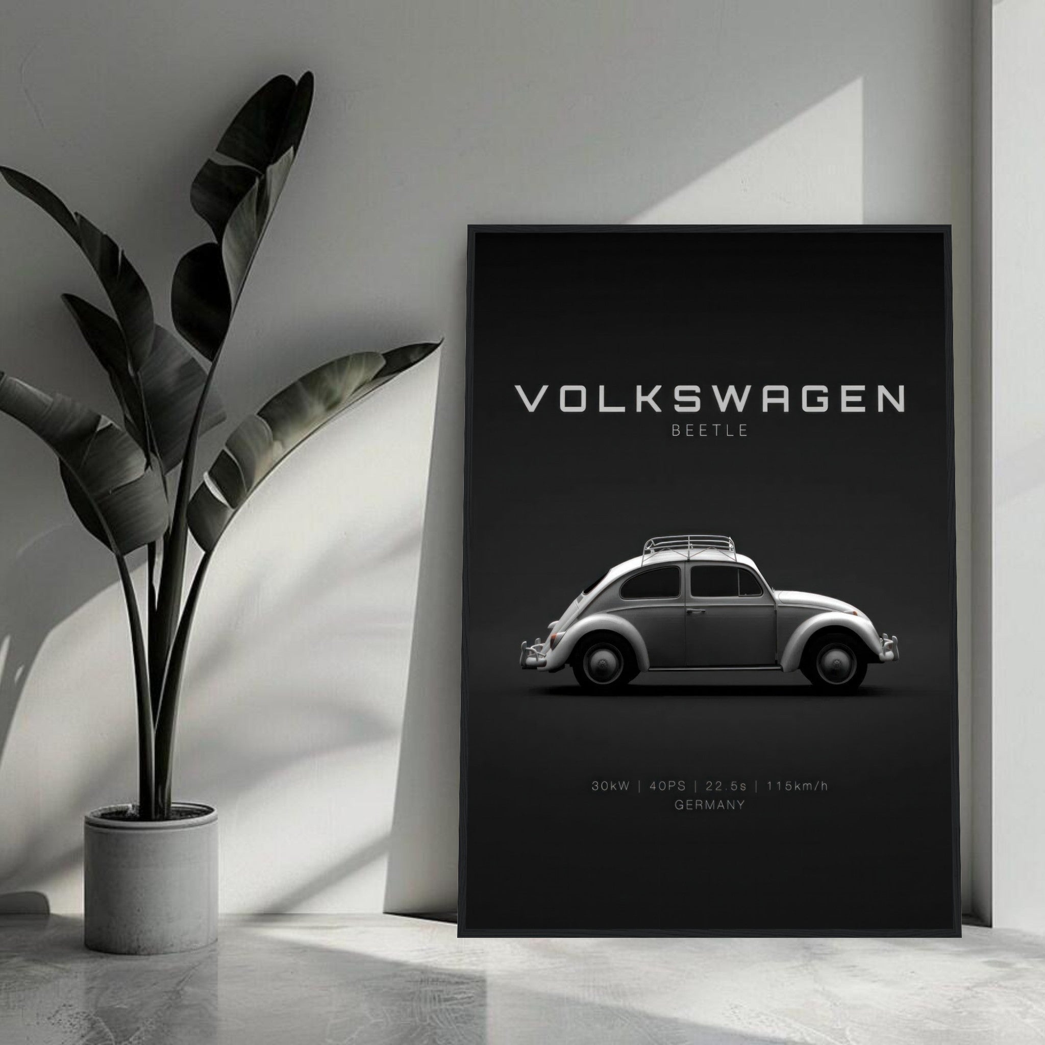 Framed poster of Volkswagen Beetle with vintage design on black background, ideal for car enthusiasts.