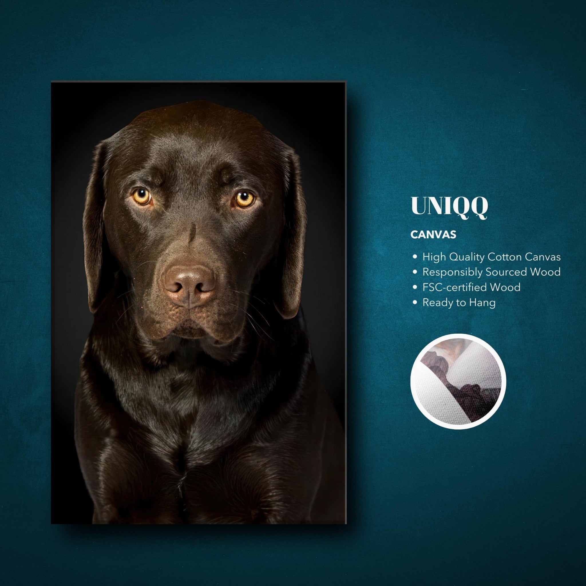 Chocolate Labrador portrait canvas print with warm eyes and glossy coat, perfect for dog lovers.