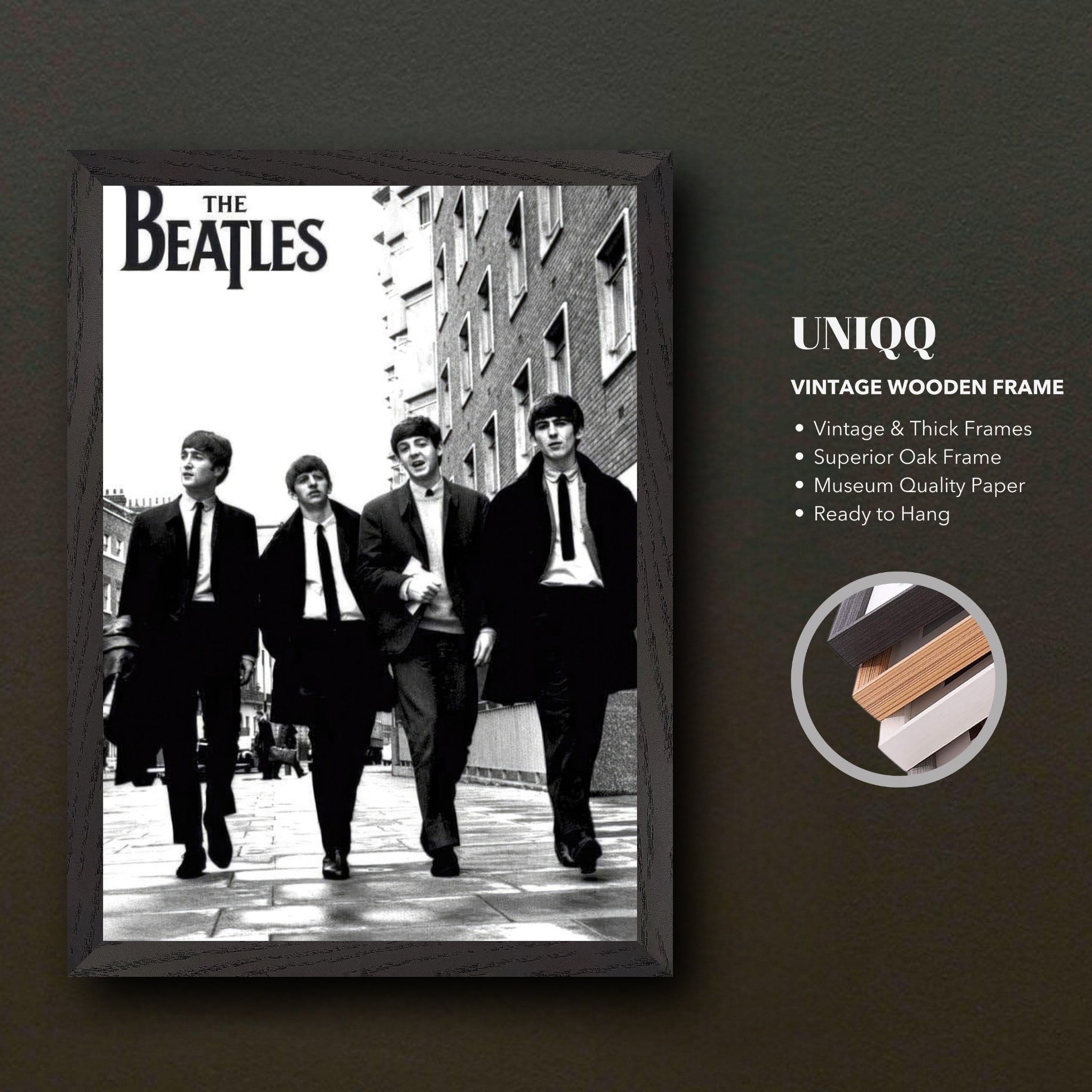 The Beatles vintage framed print featuring the iconic band walking in black and white, ready to hang in any space.